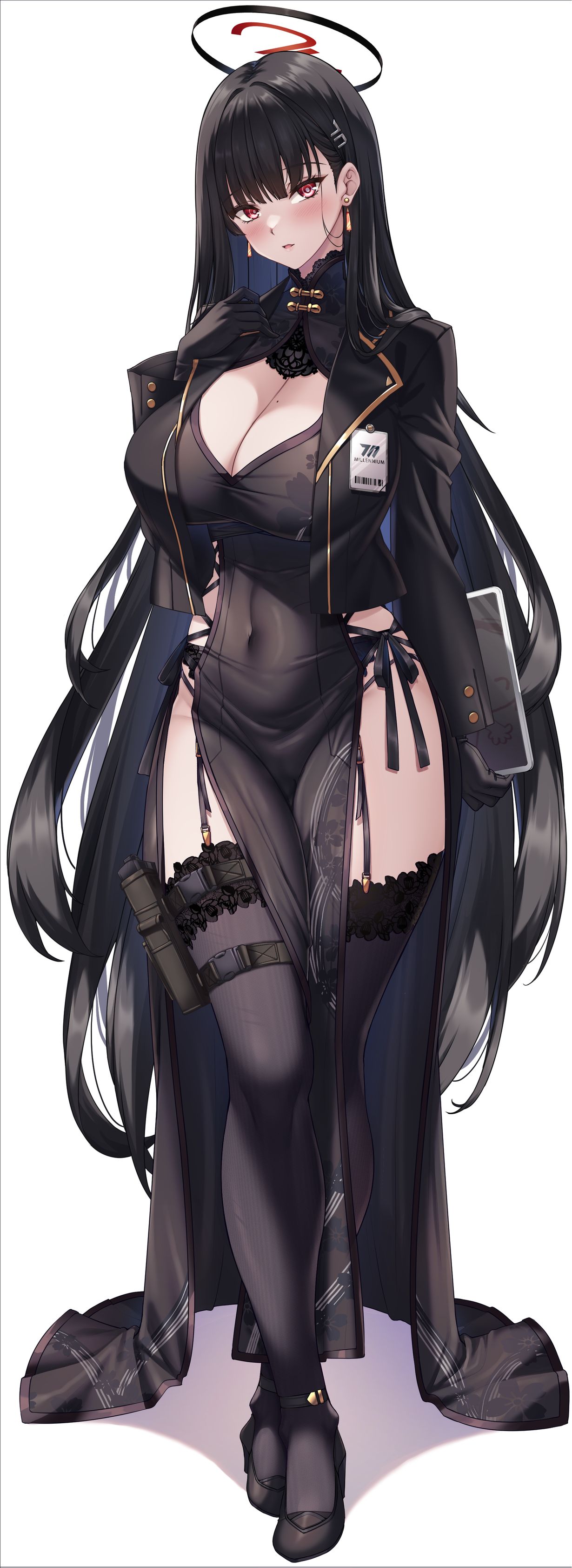 Anime 1230x3369 Blue Archive black dress portrait display anime girls Tsukatsuki Rio cleavage huge breasts stockings black stockings red eyes black hair black coat black gloves hairpins Shirokuma A blushing black clothing gloves simple background coats white background moles mole on breast long hair cleavage cutout shoes long sleeves open mouth chinese dress badge looking at viewer dress standing hair ornament black underwear panties black panties underwear tablet  alternate costume