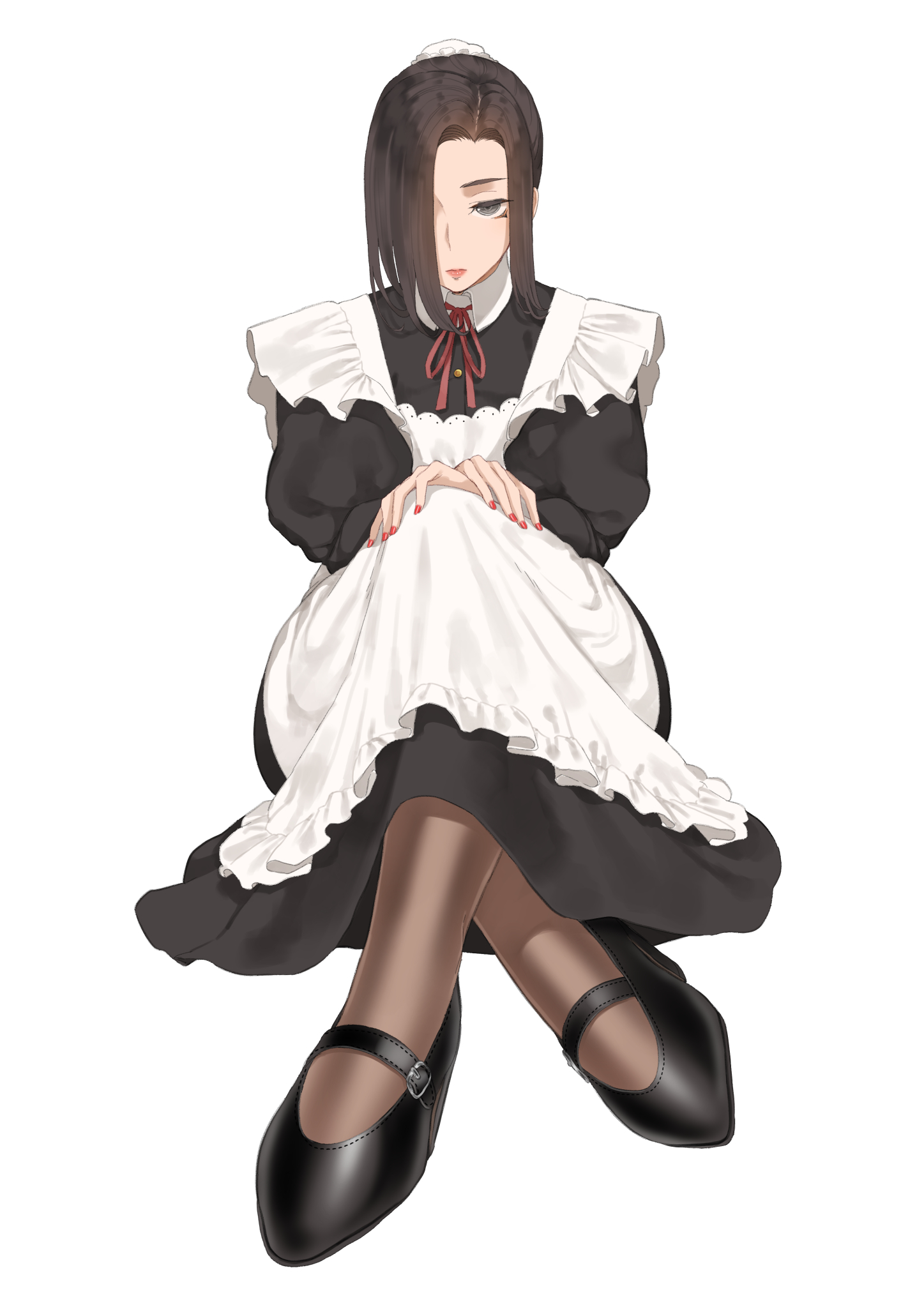 Anime 1447x2047 anime girls maid outfit maid Martha (Throtem) simple background apron white background sitting legs crossed black eyes black hair minimalism portrait display red nails hair over one eye shoes looking at viewer Throtem expressionless headdress