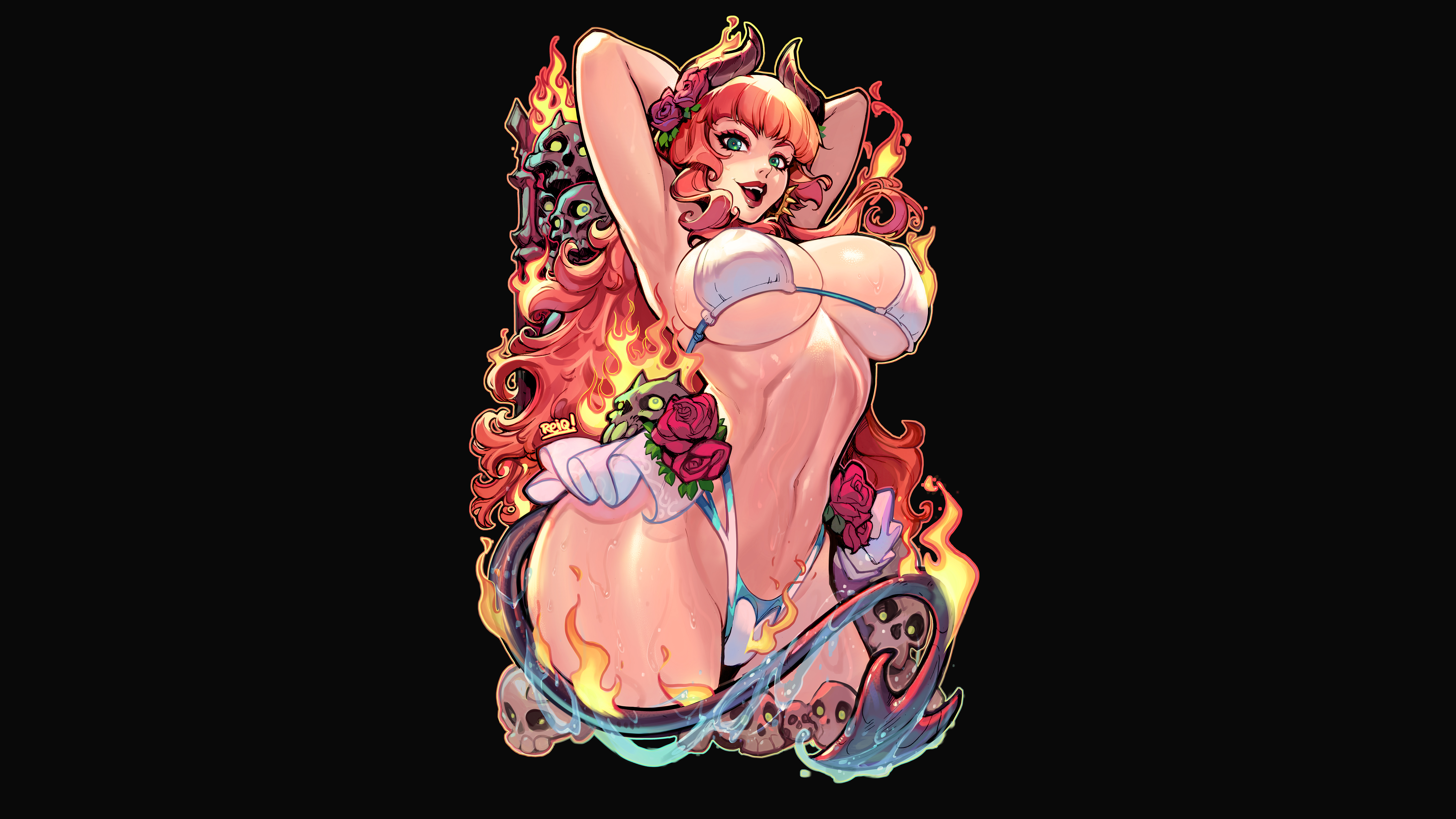 Anime 6320x3555 fantasy girl horns bikini skull spooky original characters fire artwork drawing reiq underboob anime girls open mouth looking at viewer armpits simple background tail big boobs signature arms up black background minimalism flowers