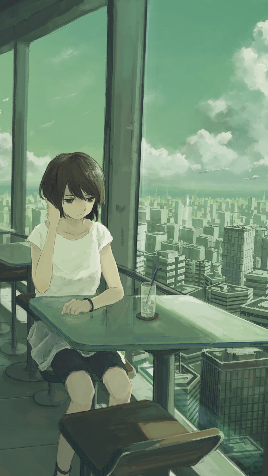 Anime 889x1580 anime girls portrait display sitting window sky clouds drink table short hair hand(s) in hair bracelets Kensight328 cityscape city chair drinking straw