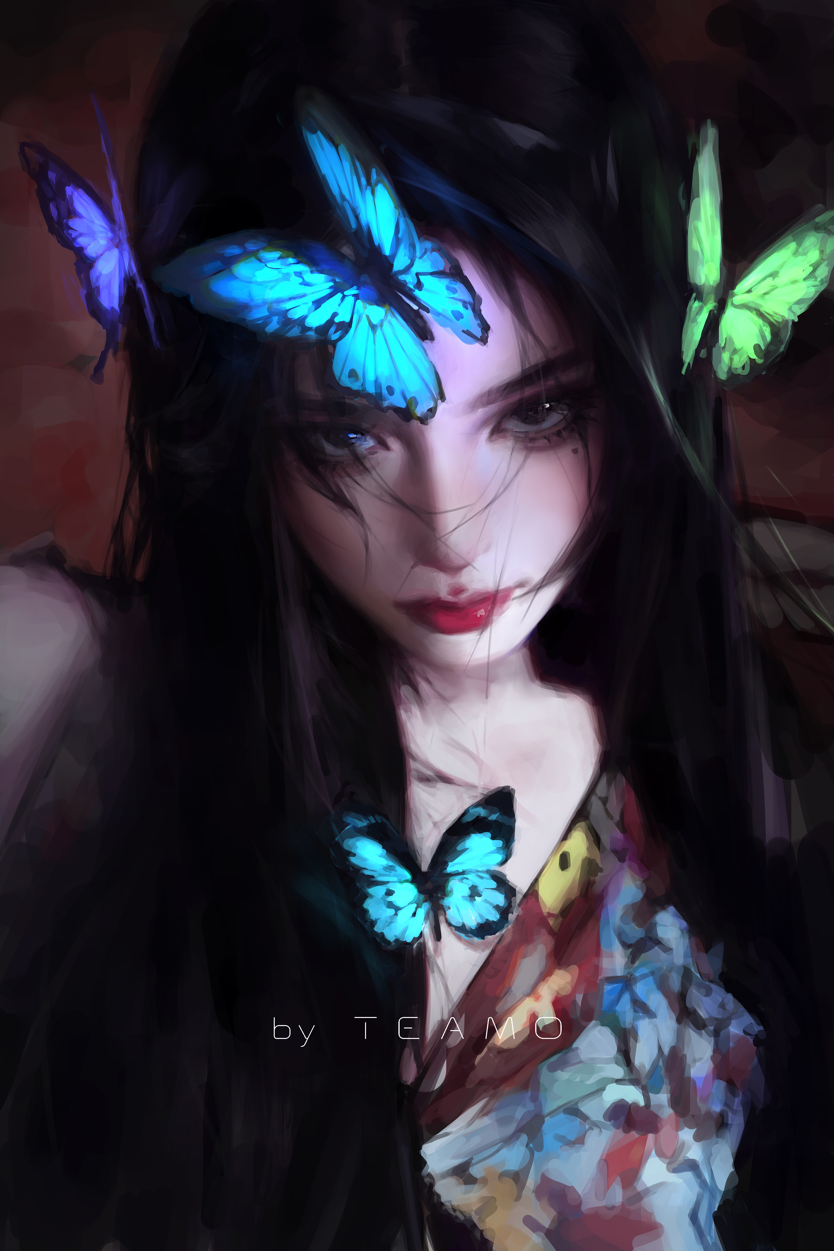 General 3500x5250 TEAMO (artist) artwork illustration women butterfly long hair dark hair signature insect looking at viewer mole under eye moles red lipstick portrait display closed mouth digital art