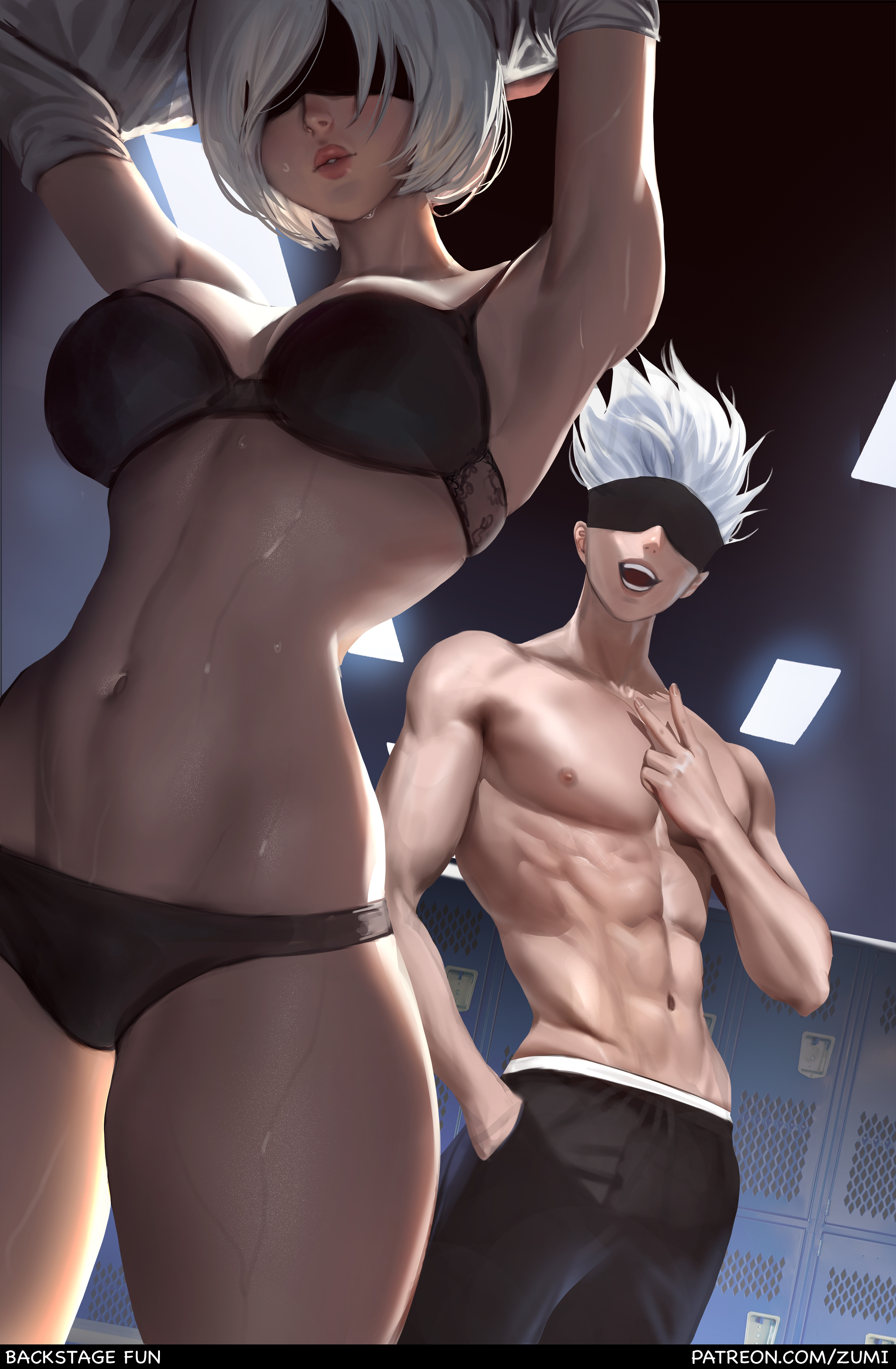 Anime 2297x3508 Satoru Gojo video games Jujutsu Kaisen anime anime boys locker room undressing sweat artwork drawing crossover fan art wet body blindfold standing muscles lockers short hair peace sign open mouth armpits sweaty body hands in pockets Zumi big boobs watermarked 2B (Nier: Automata) abs video game girls skinny underwear Nier: Automata portrait display ceiling ceiling lights white hair