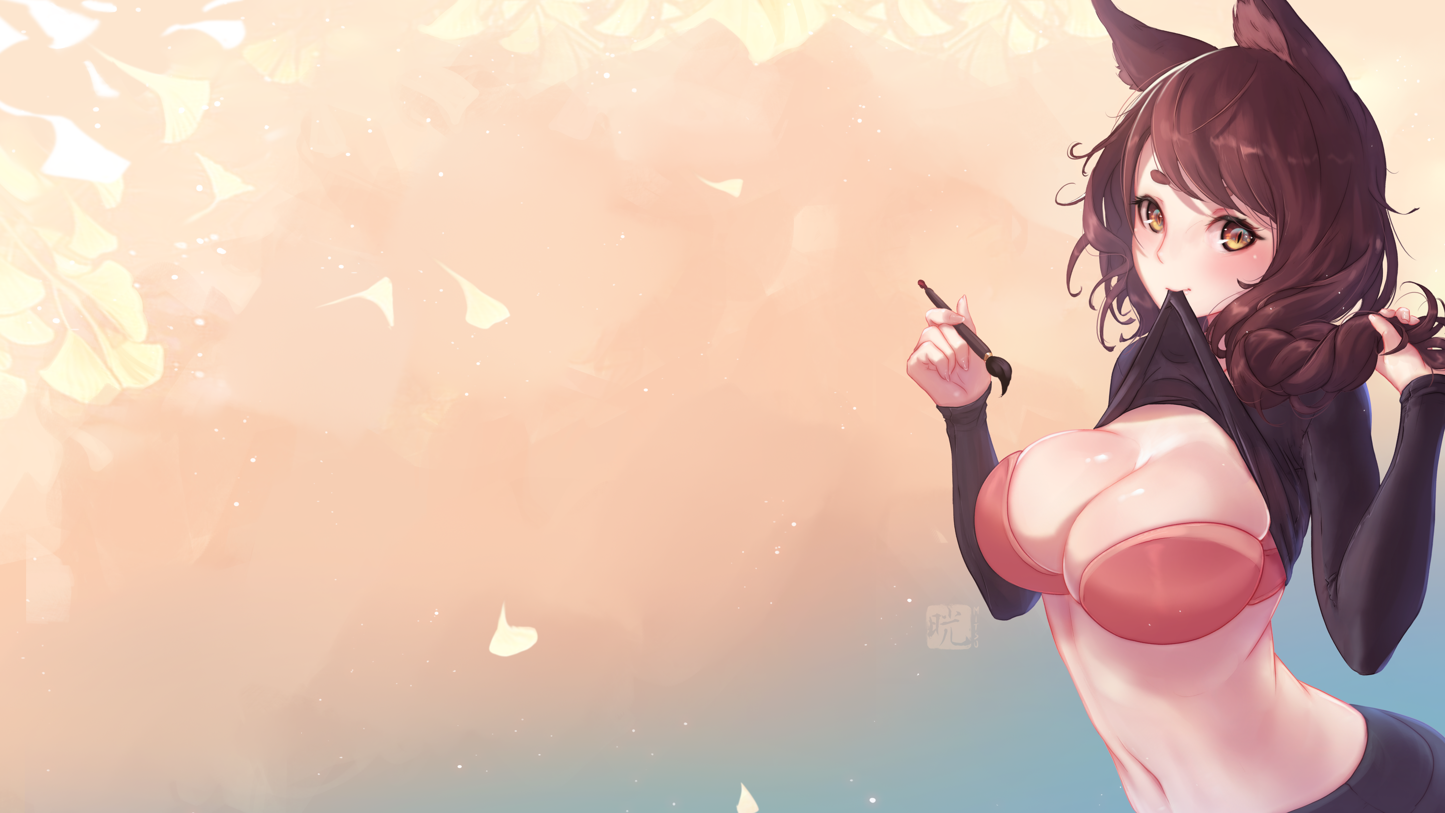 Anime 5760x3240 brunette big boobs animal ears paint brushes Mitsu simple background looking at viewer smiling brown eyes cleavage blushing minimalism bra huge breasts hands in hair belly button belly closed mouth lifting shirt watermarked