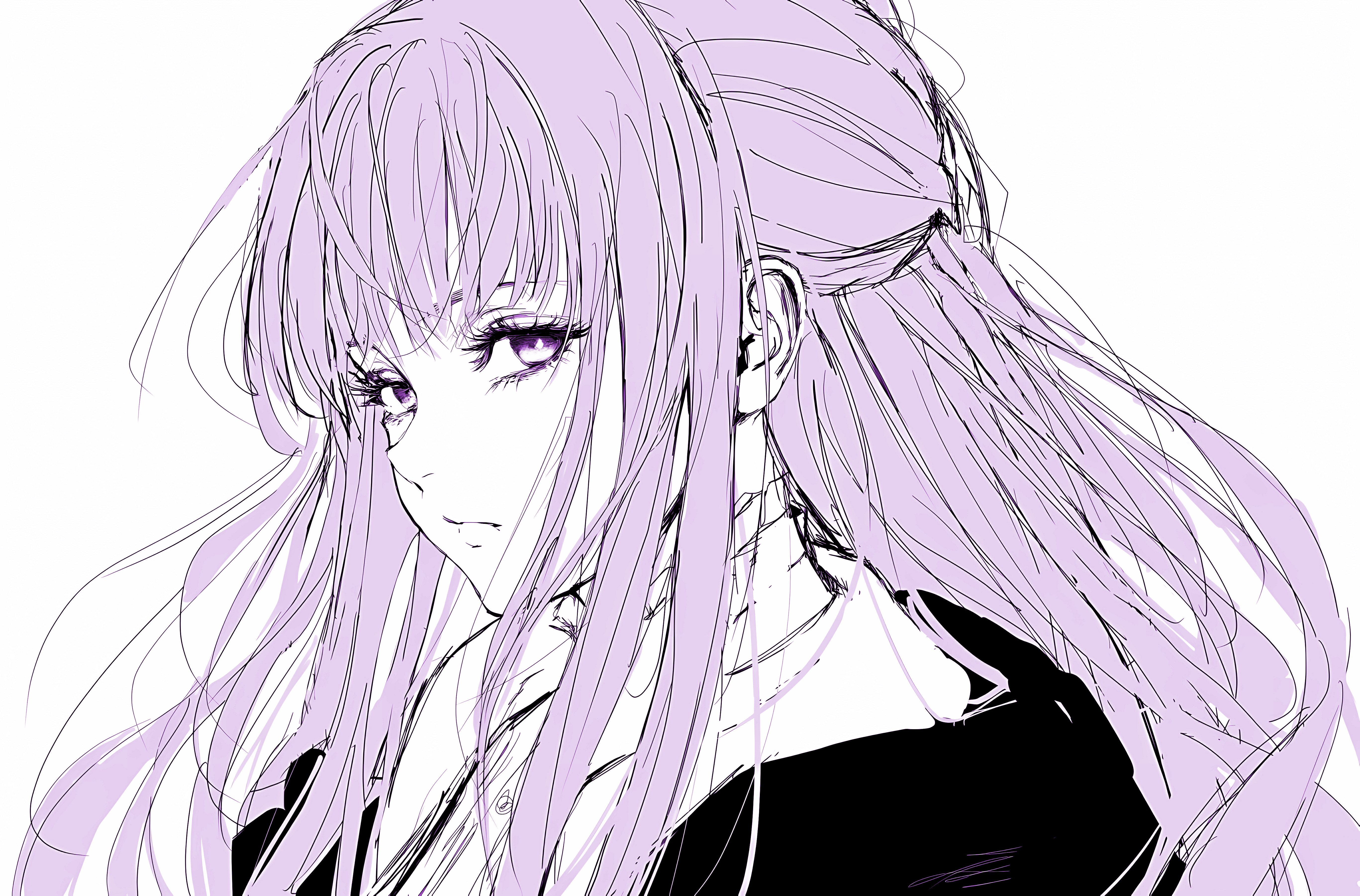 Anime 5468x3604 Fern (Sousou No Frieren) Line drawing inoitoh face simple background drawing white background looking at viewer long hair purple hair purple eyes anime girls closed mouth Sousou No Frieren