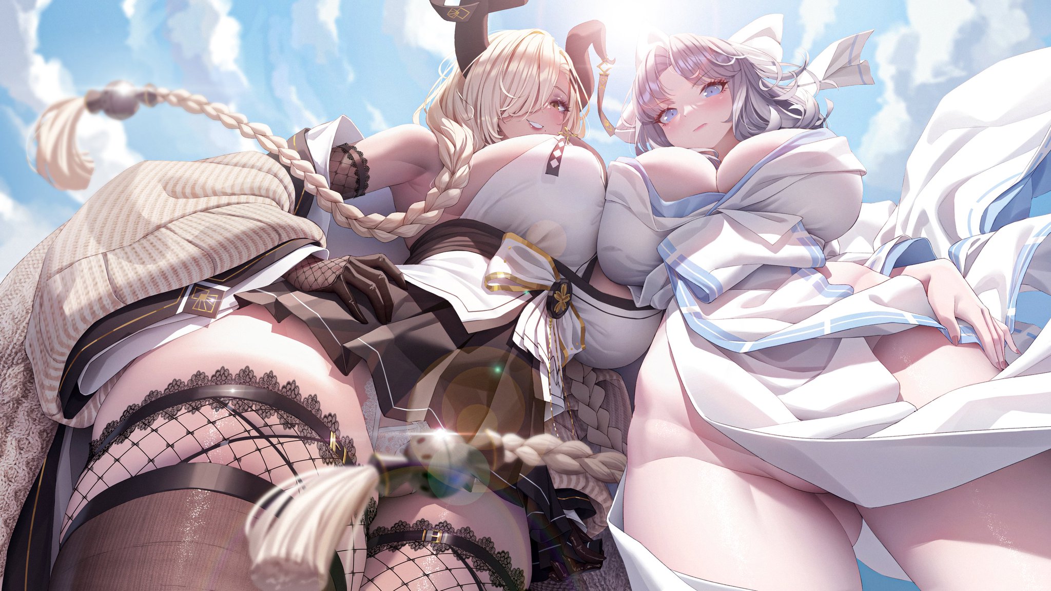Anime 2048x1152 Azur Lane video game girls worm's eye view upskirt Owari (Azur Lane) looking at viewer standing sky huge breasts moles hair over one eye blushing closed mouth smiling boobs on boobs stockings sunlight anime girls long hair braids sun rays mole under mouth fishnet elbow gloves looking below twintails hands on hips