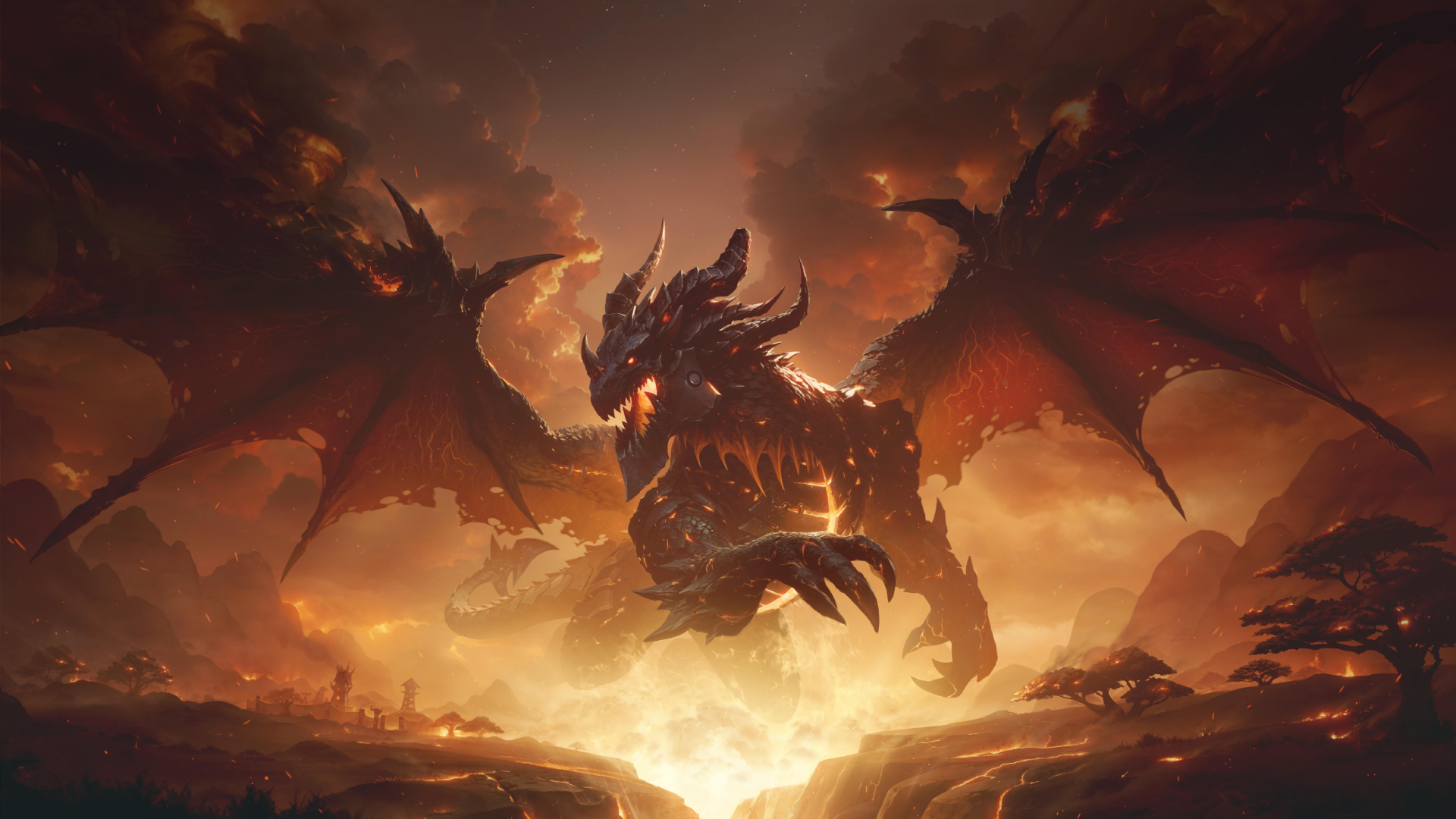 General 1920x1080 Warcraft dragon Deathwing burning World of Warcraft: Cataclysm video games clouds video game characters wings video game art creature