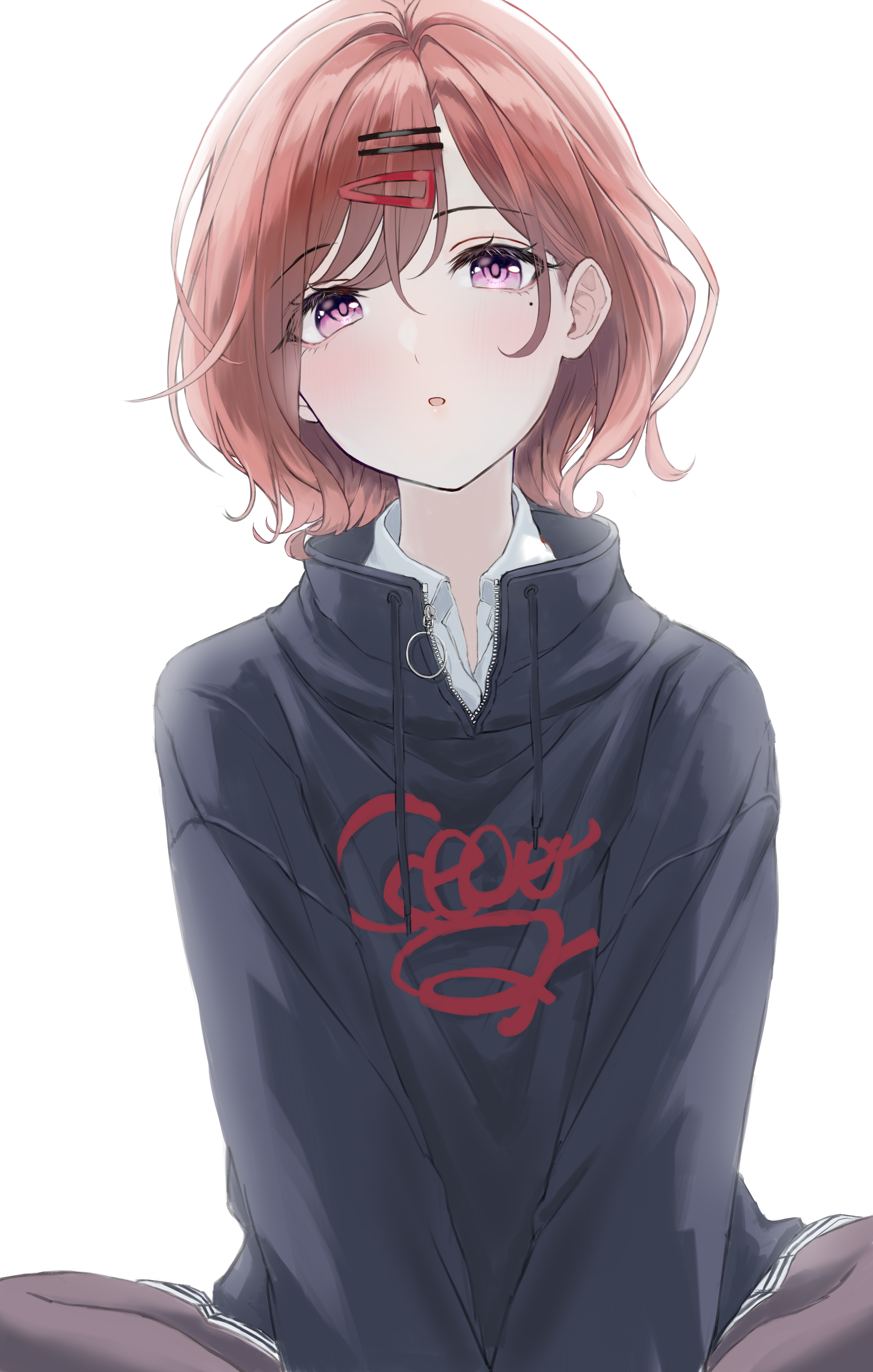 Anime 2605x4092 anime anime girls Pixiv Higuchi Madoka THE iDOLM@STER: Shiny Colors THE iDOLM@STER jacket short hair mole under eye simple background moles white background blushing hairpins looking at viewer portrait display redhead purple eyes open mouth