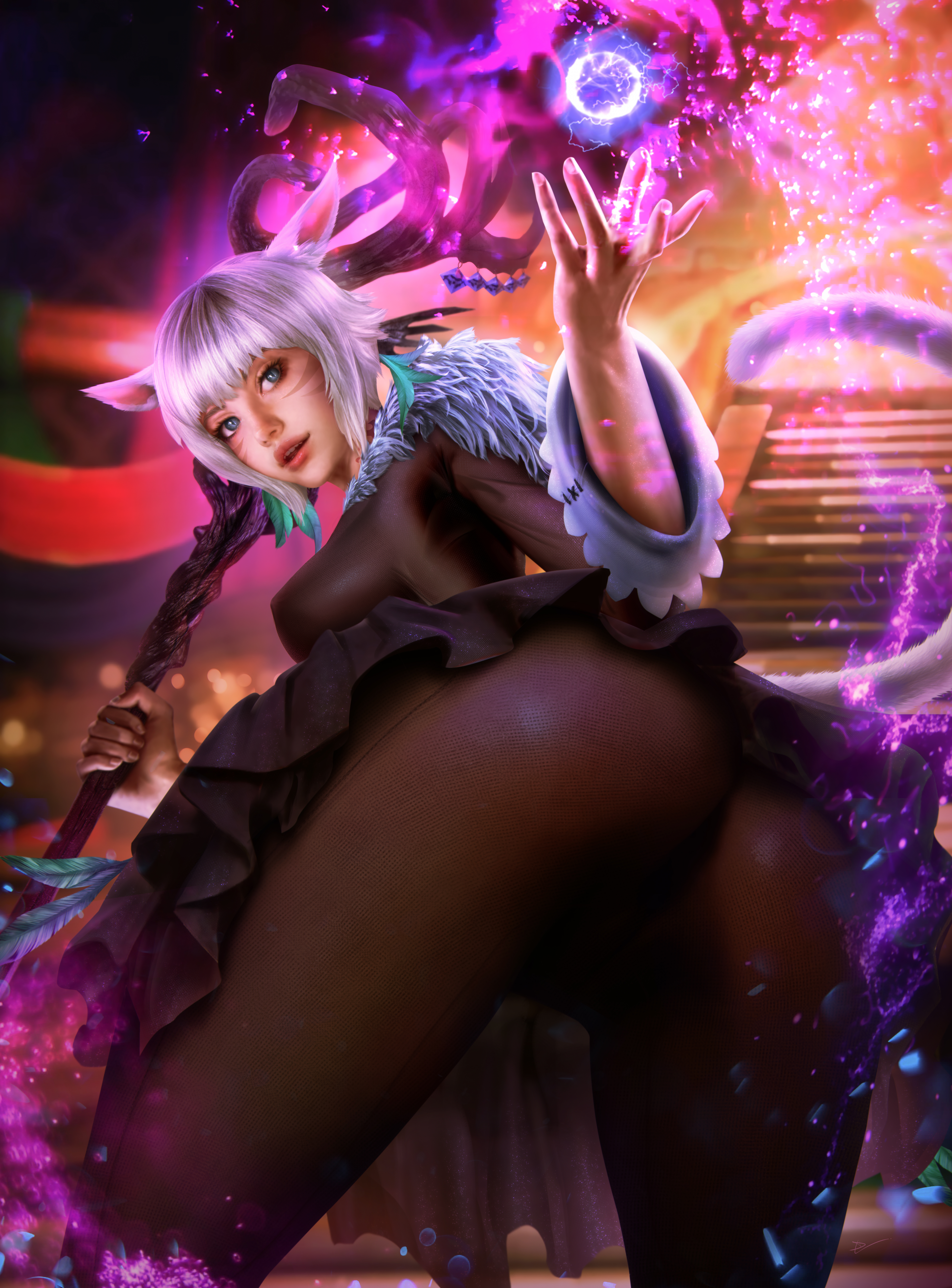 General 5212x7052 Y'shtola Final Fantasy Miqo'te video games fantasy girl artwork drawing fan art DemonLordDante ass video game girls pantyhose looking at viewer cat girl looking back cat ears portrait display cat tail magic big boobs staff bent over parted lips blue eyes stairs upskirt skirt frills