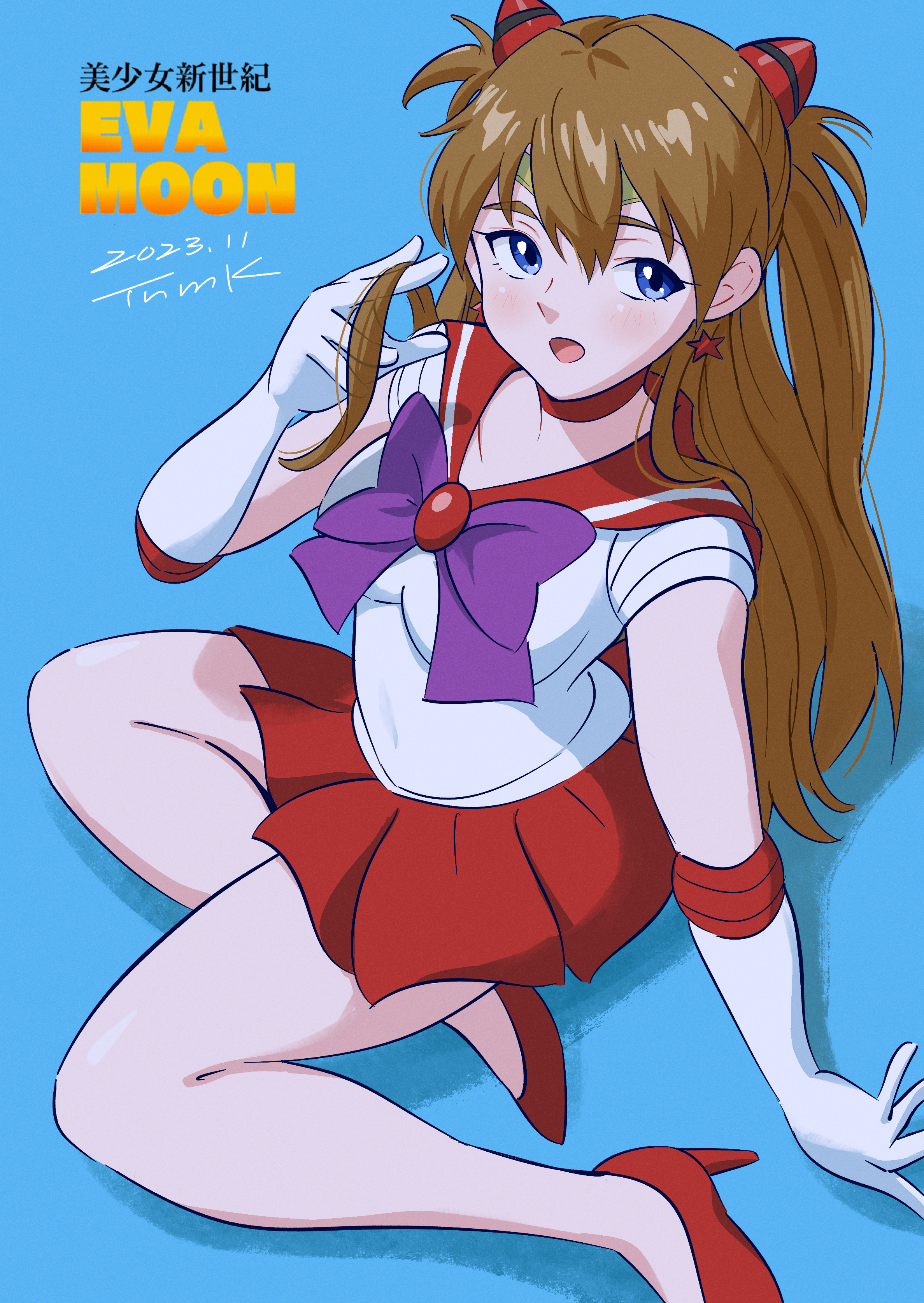 Anime 2375x3349 Neon Genesis Evangelion long hair brunette choker red heels red miniskirt bow tie looking at viewer blue eyes Asuka Langley Soryu pleated skirt cosplay blue background blushing crossover high angle elbow gloves earring Sailor Moon anime girls heels gloves skirt signature open mouth