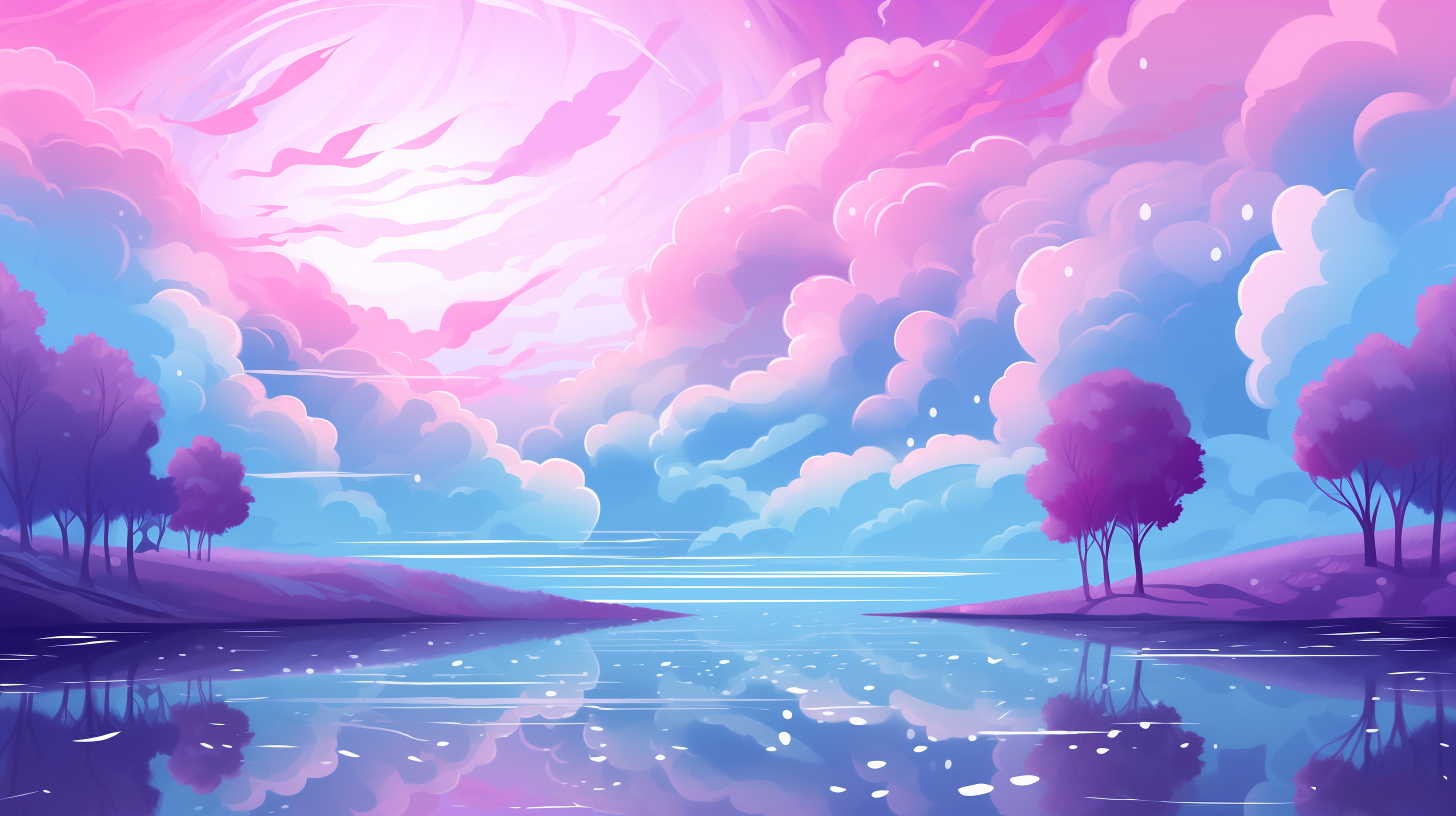 General 2912x1632 AI art landscape purple background lake trees reflection sky clouds digital art water sunlight