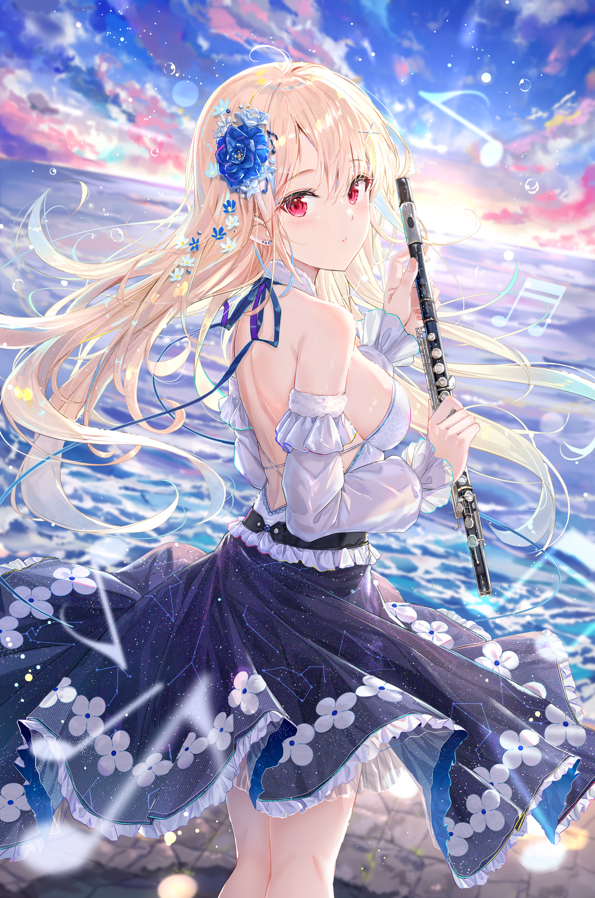 Anime 2511x3786 anime girls portrait display blonde musical instrument red eyes looking at viewer looking back long hair detached sleeves water blurry background sky depth of field bareback musical notes sideboob flute women outdoors sunrise blue skirt white tops horizon Na Kyo flower in hair standing long sleeves clouds dawn sea