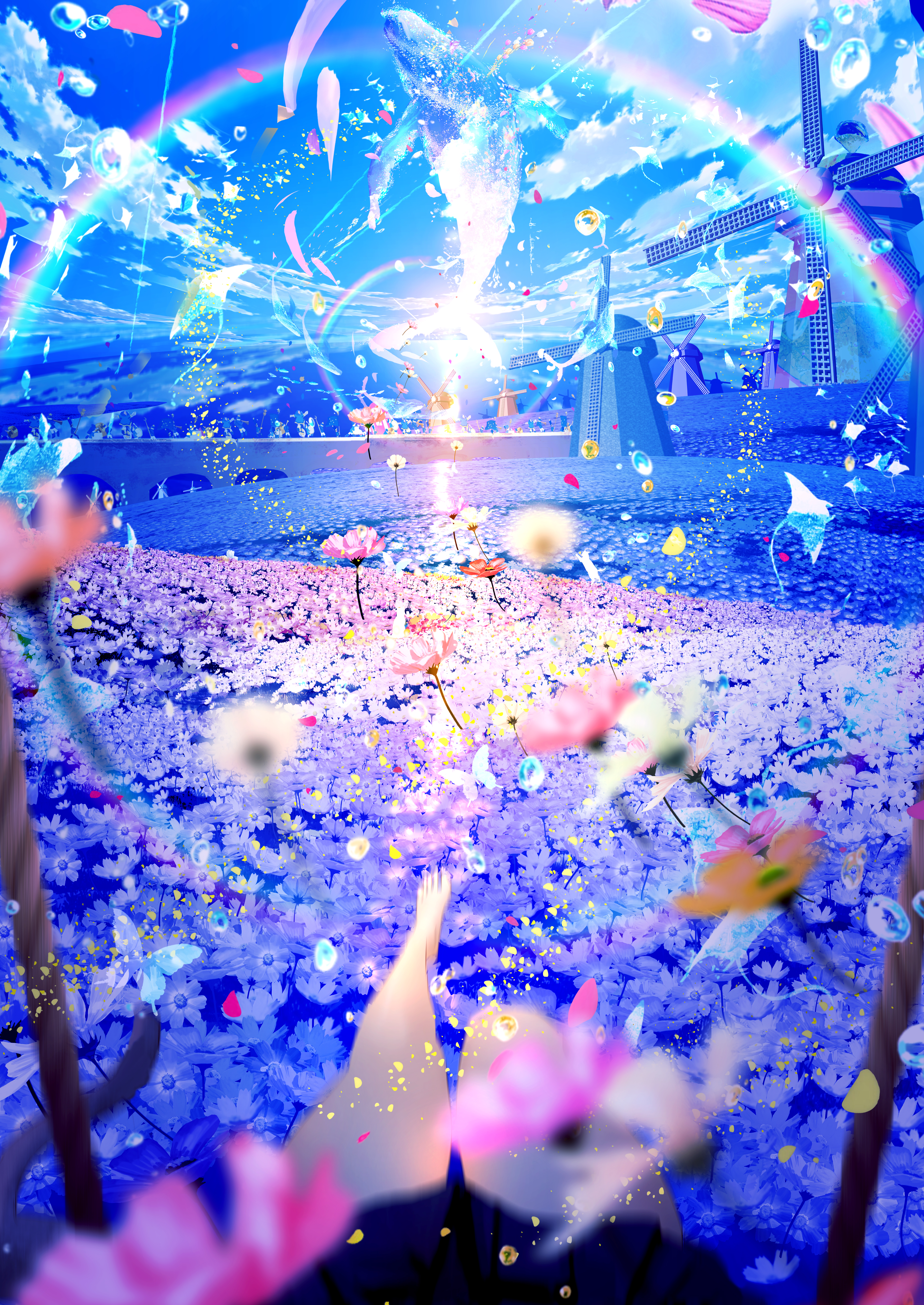 Anime 4095x5781 anime Pixiv sky makoron117 anime girls flying whales whale portrait display flowers clouds water drops water sitting feet barefoot rainbows windmill petals sunlight swings