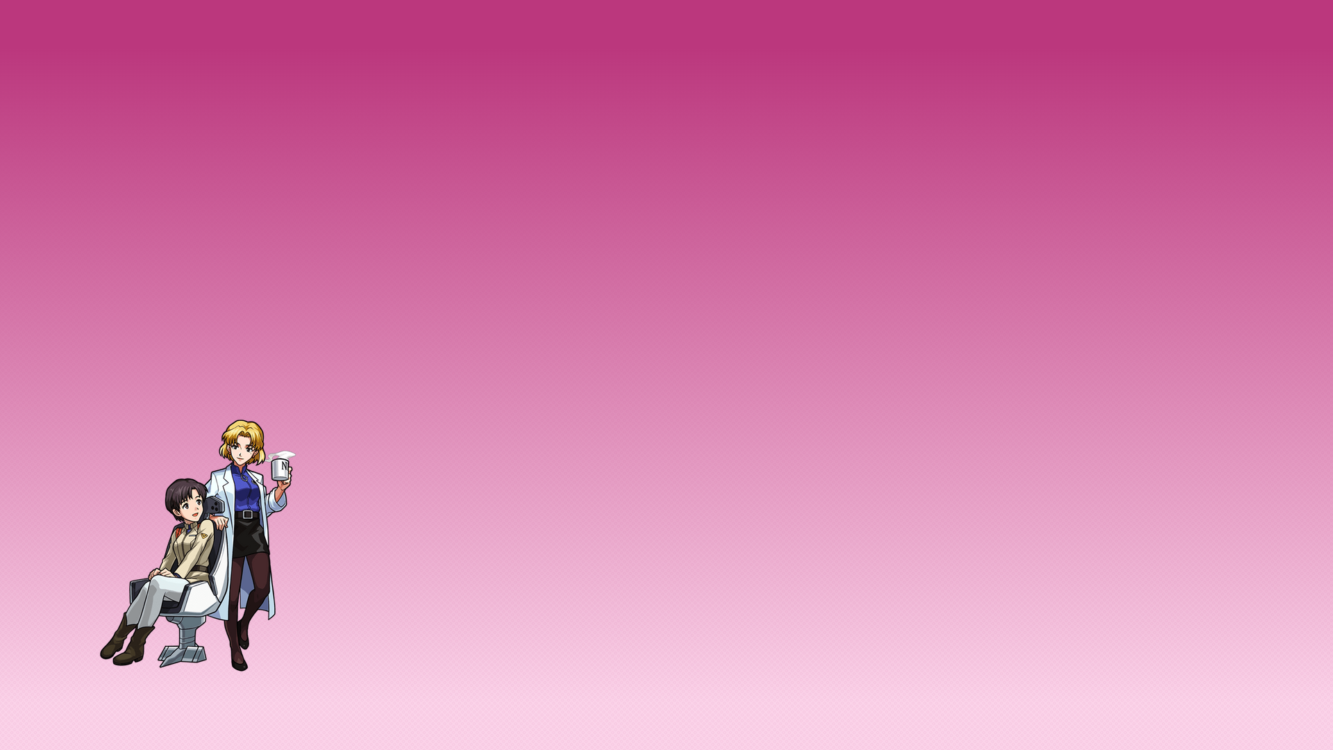 Anime 1920x1080 anime girls Neon Genesis Evangelion simple background bangs pantyhose sitting anime couple blue shirt uniform lab coats Akagi Ritsuko Ibuki Maya (Evangelion) brunette blonde short hair lesbians gradient pink background black skirts miniskirt