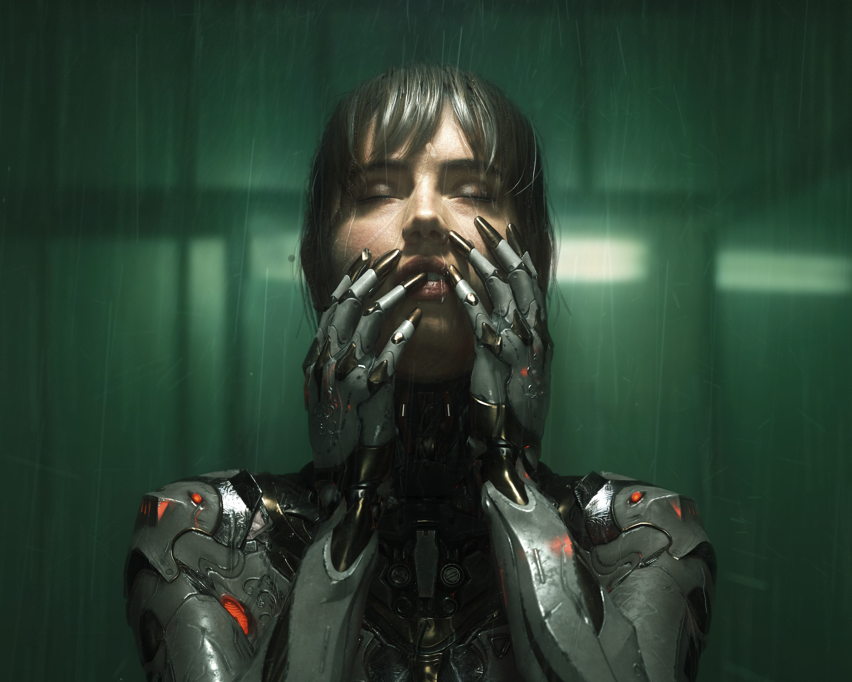 General 2726x2182 digital art artwork illustration women closed eyes portrait rain cyborg dark hair armor Ana de Armas
