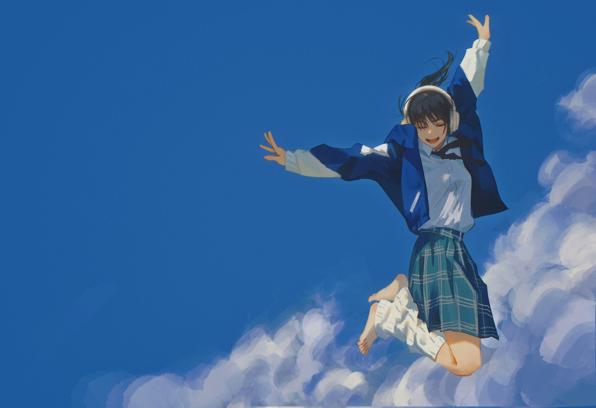 Anime 2048x1403 Chainsaw Man sky Joyful clouds headphones blue