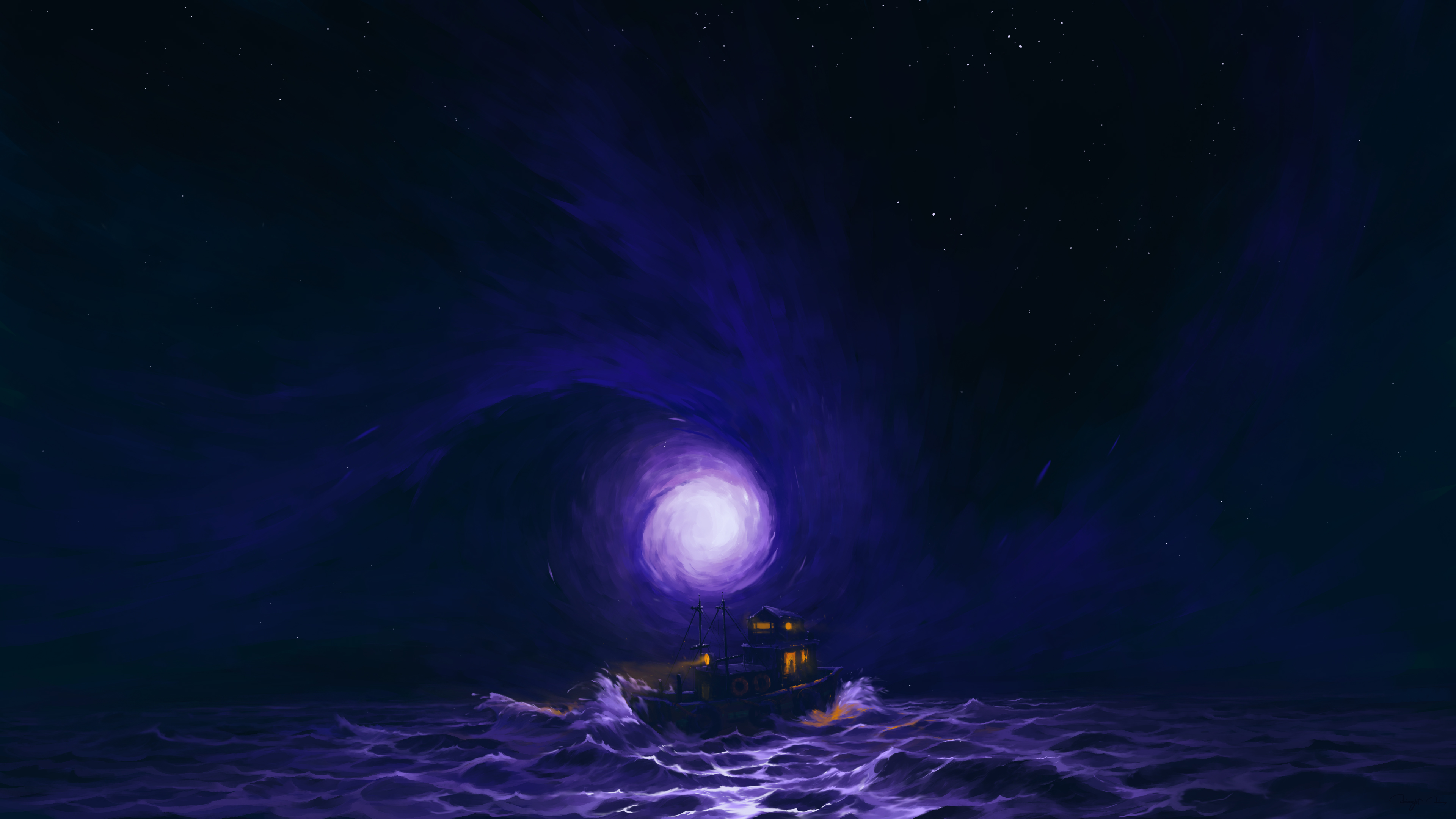 General 3840x2160 BisBiswas digital art artwork illustration landscape nature clouds sea water boat stars Moon lights blue 4K night nightscape