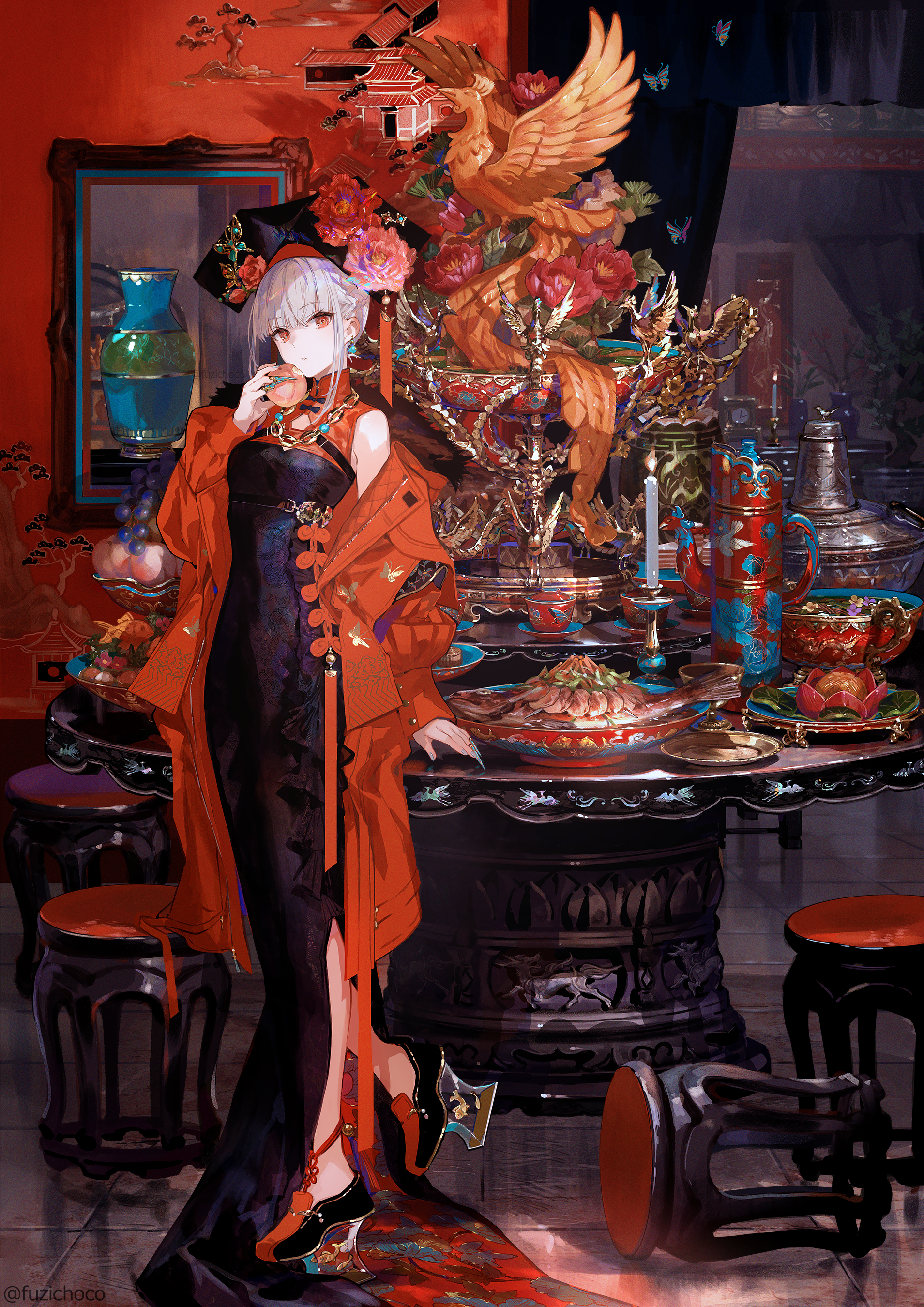 Anime 1909x2700 Fuji Choko chinese dress portrait display indoors women indoors eating looking at viewer food candles butterfly red coat flowers stools dishes