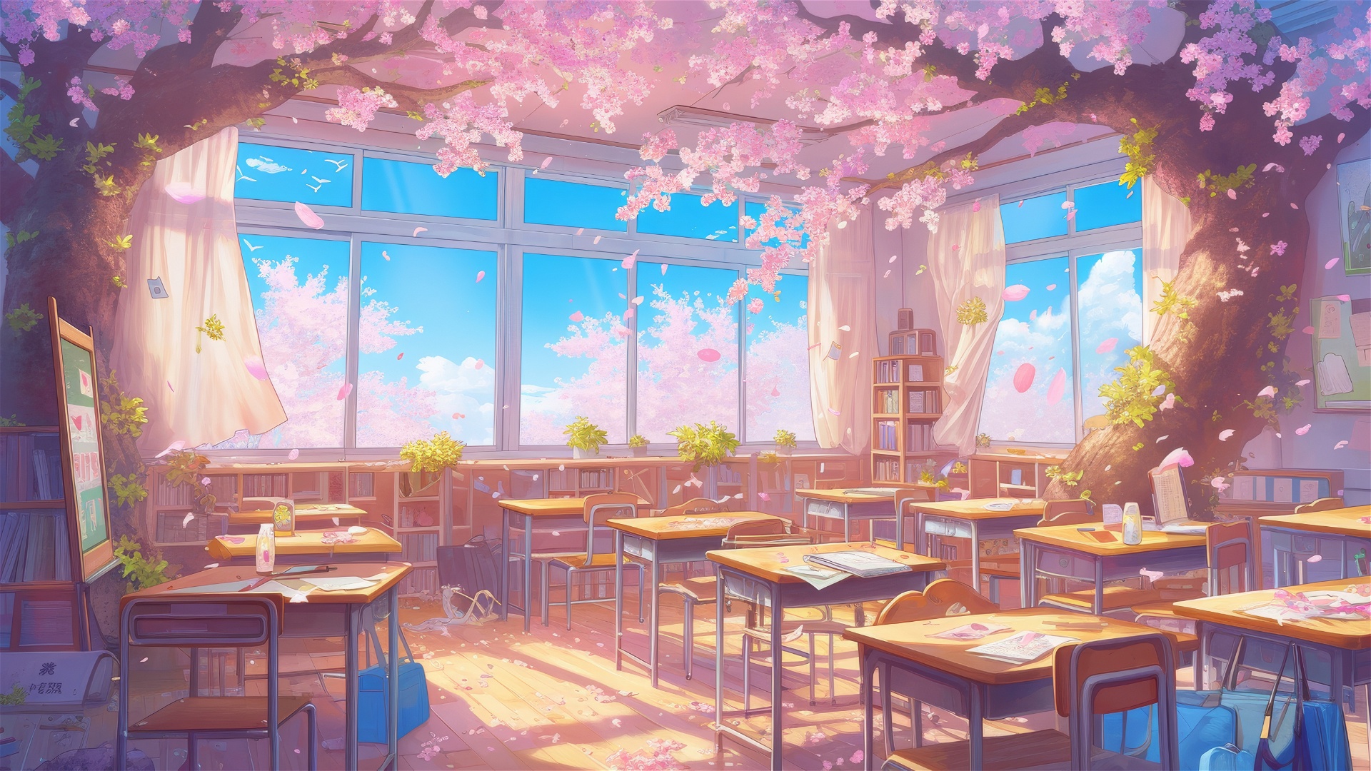 Anime 1920x1080 AI art cherry blossom pink white classroom yellow green flowers anime
