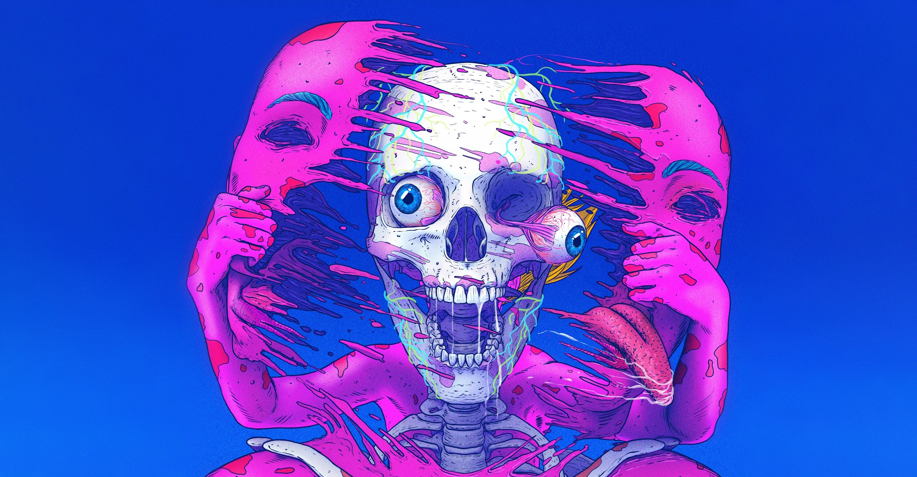 General 3000x1560 blue skeleton decay skull surreal illustration creepy pink Nick Sullo
