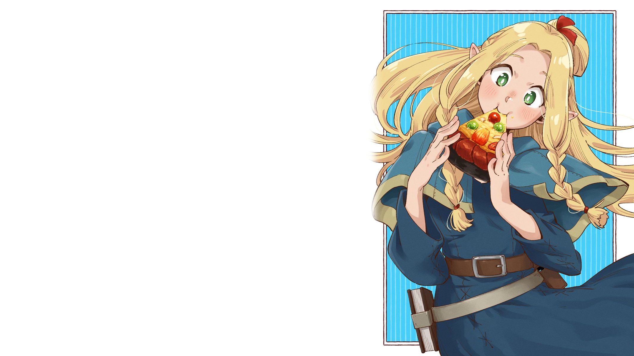 Anime 2134x1200 Marcille Donato Delicious in Dungeon anime anime girls white background blonde braids robes elves ponytail long hair red ribbon ribbon eating anime girls eating pizza food green eyes looking at viewer pointy ears belt books