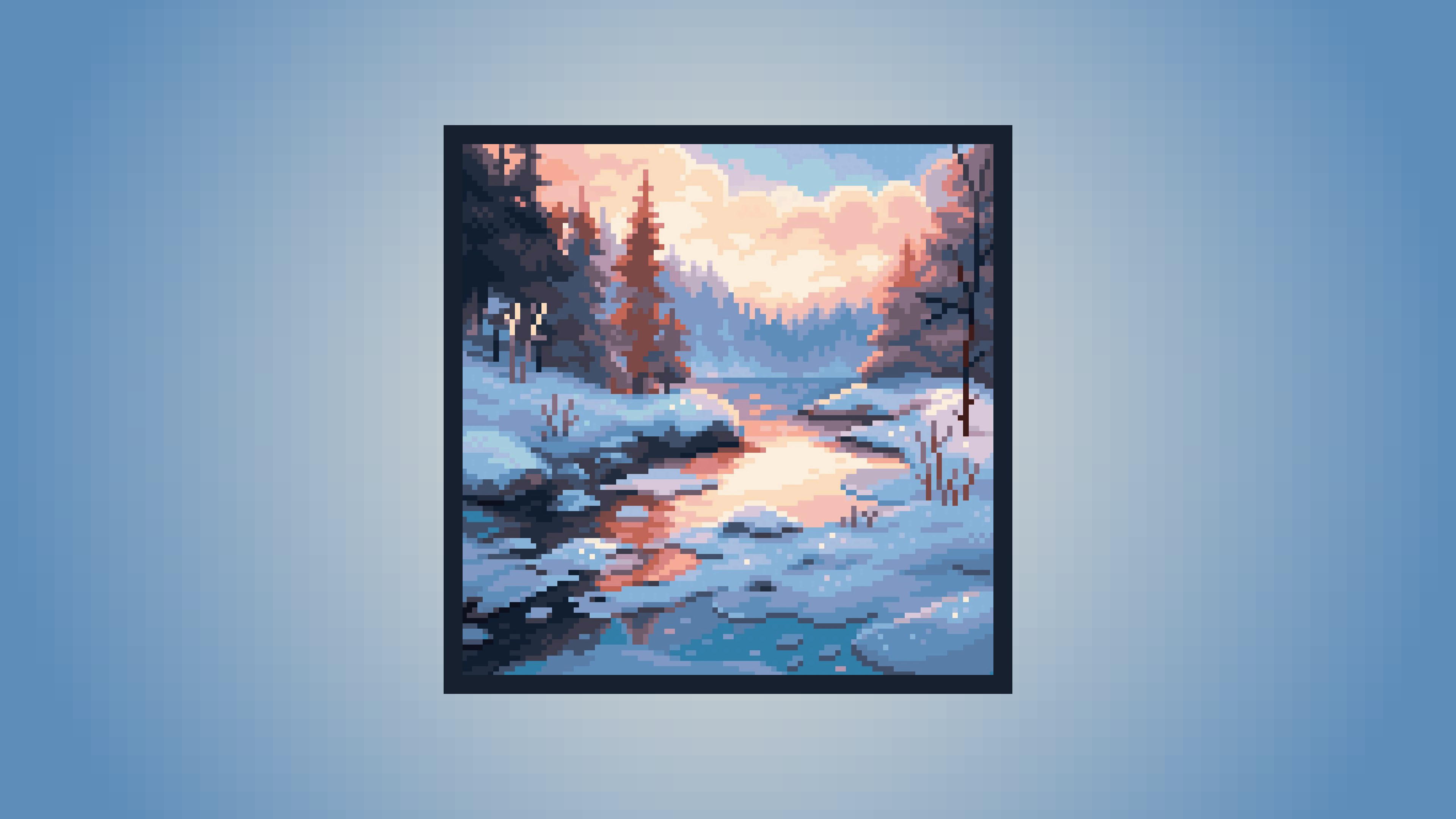 General 3840x2160 simple background snow pixelated pixel art light blue cyan background trees pine trees water river clouds ice