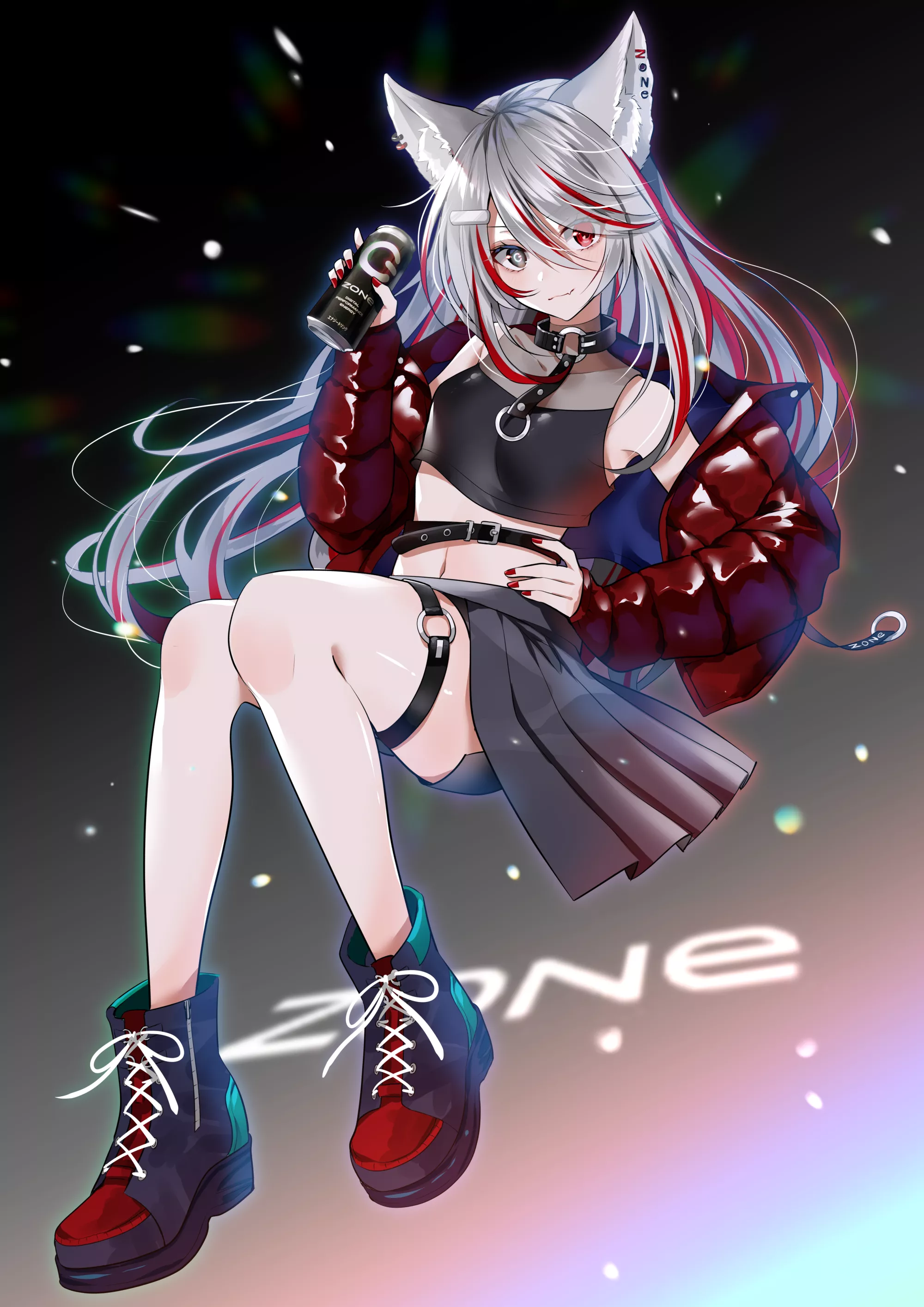 Anime 2000x2828 shoes cat ears cat girl two tone hair anime girls portrait display hands on hips drink heterochromia long hair simple background minimalism text Pixiv