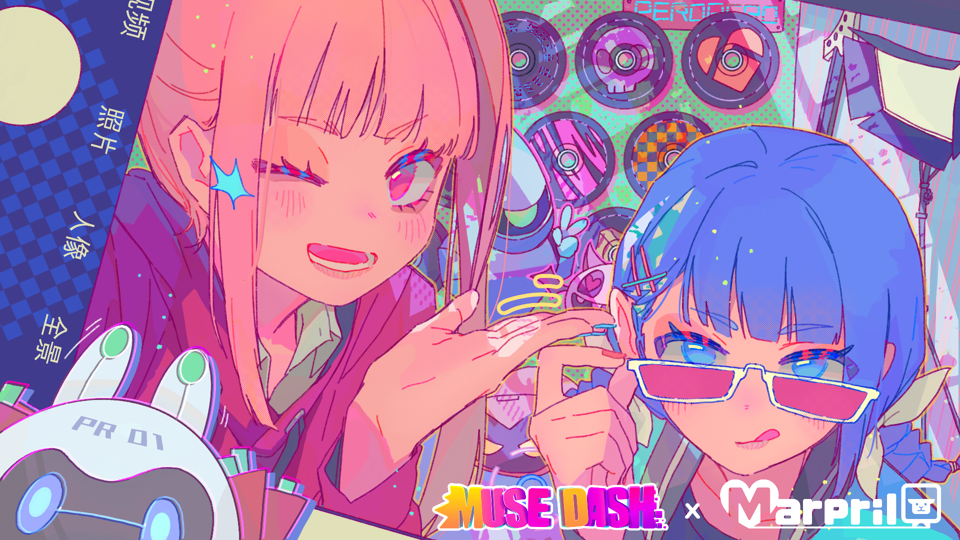 Anime 1920x1080 MuseDash buro marija anime girls colorful one eye closed Japanese sunglasses tongue out vinyl