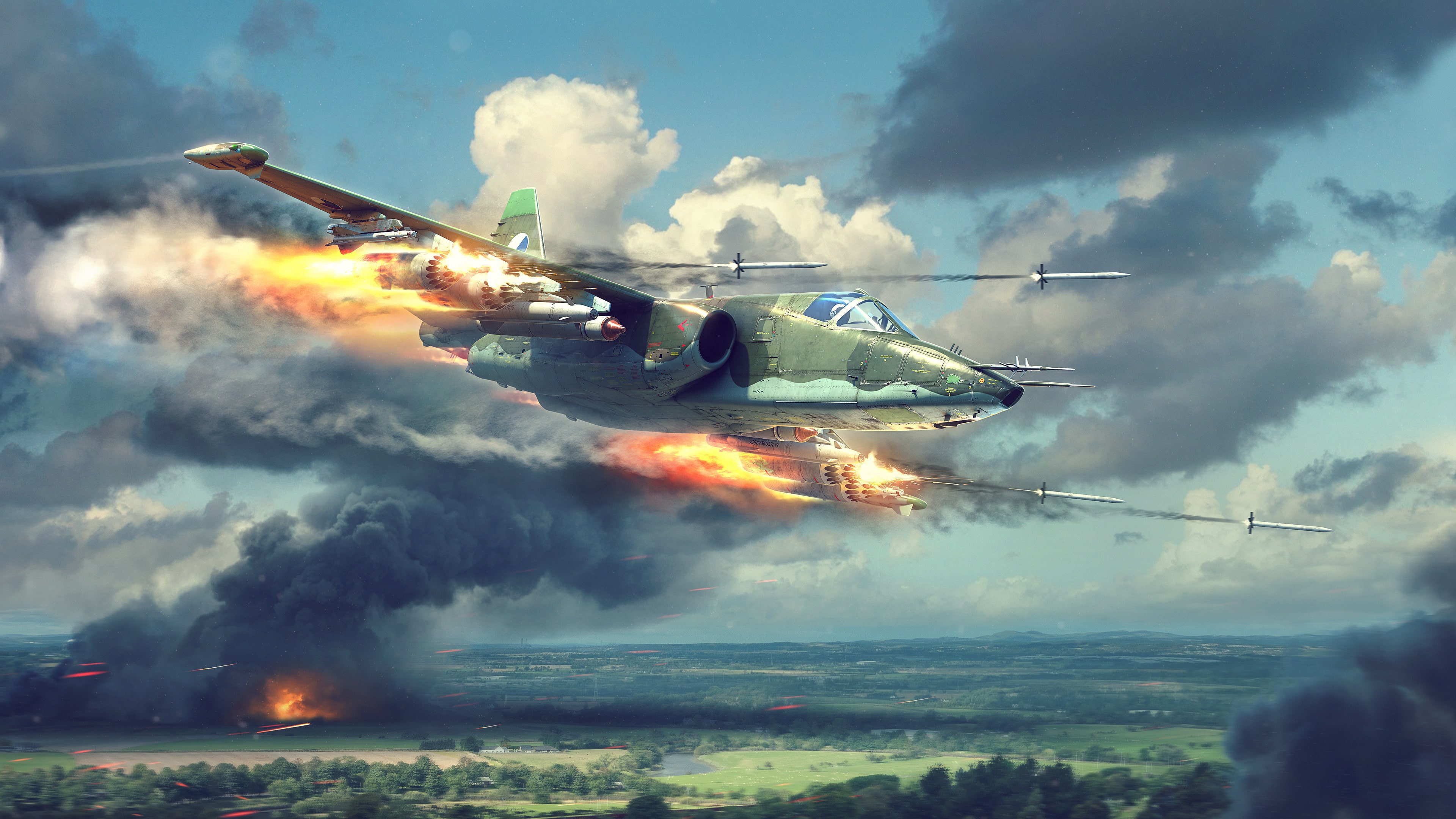 General 3840x2160 Sukhoi aircraft sky clouds war rocket fire smoke artwork SU-25 Frogfoot military Czechoslovak Air Force War Thunder