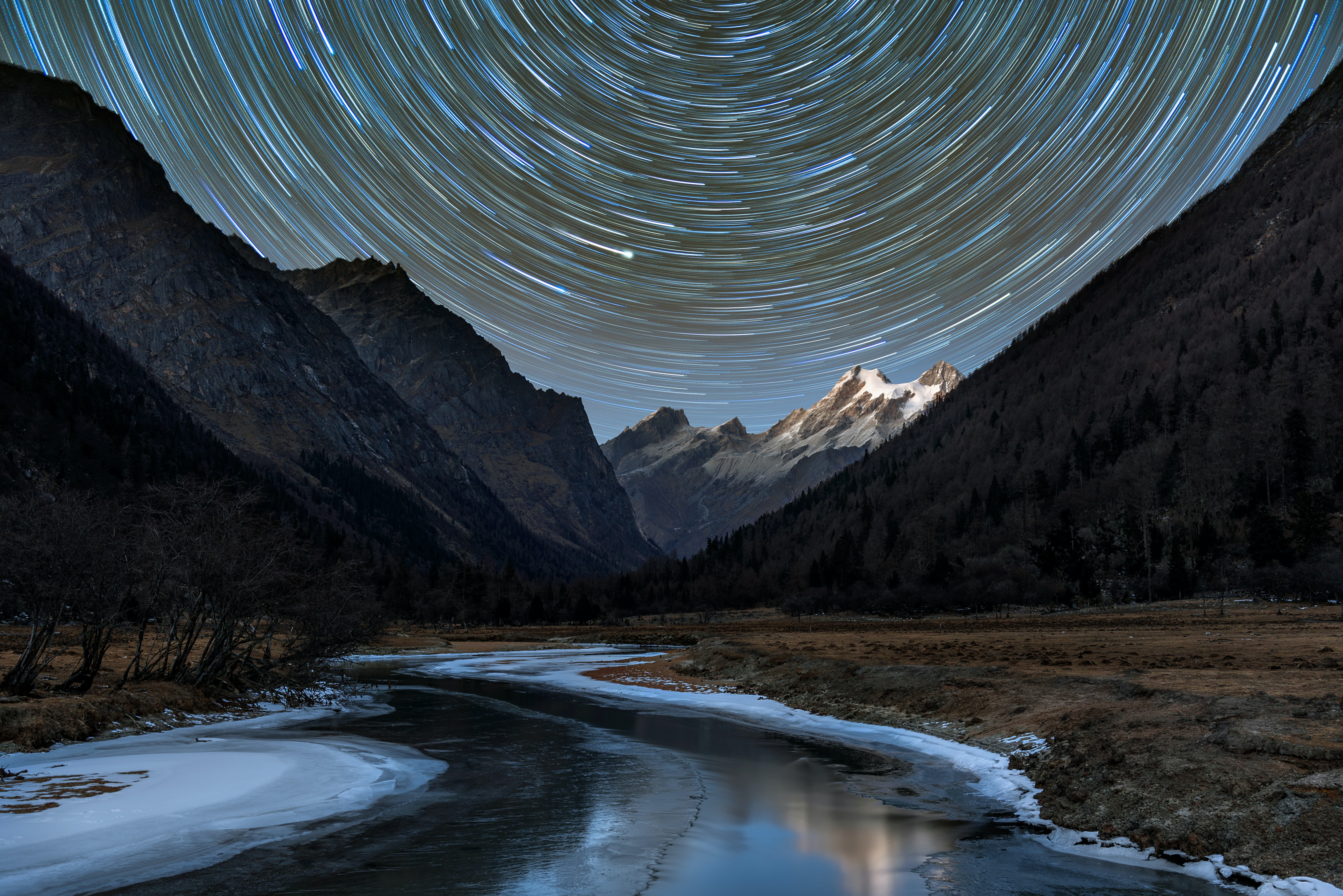 General 5942x3966 nature long exposure stars circle night river snowy peak trees forest hills ice frozen river Sichuan China