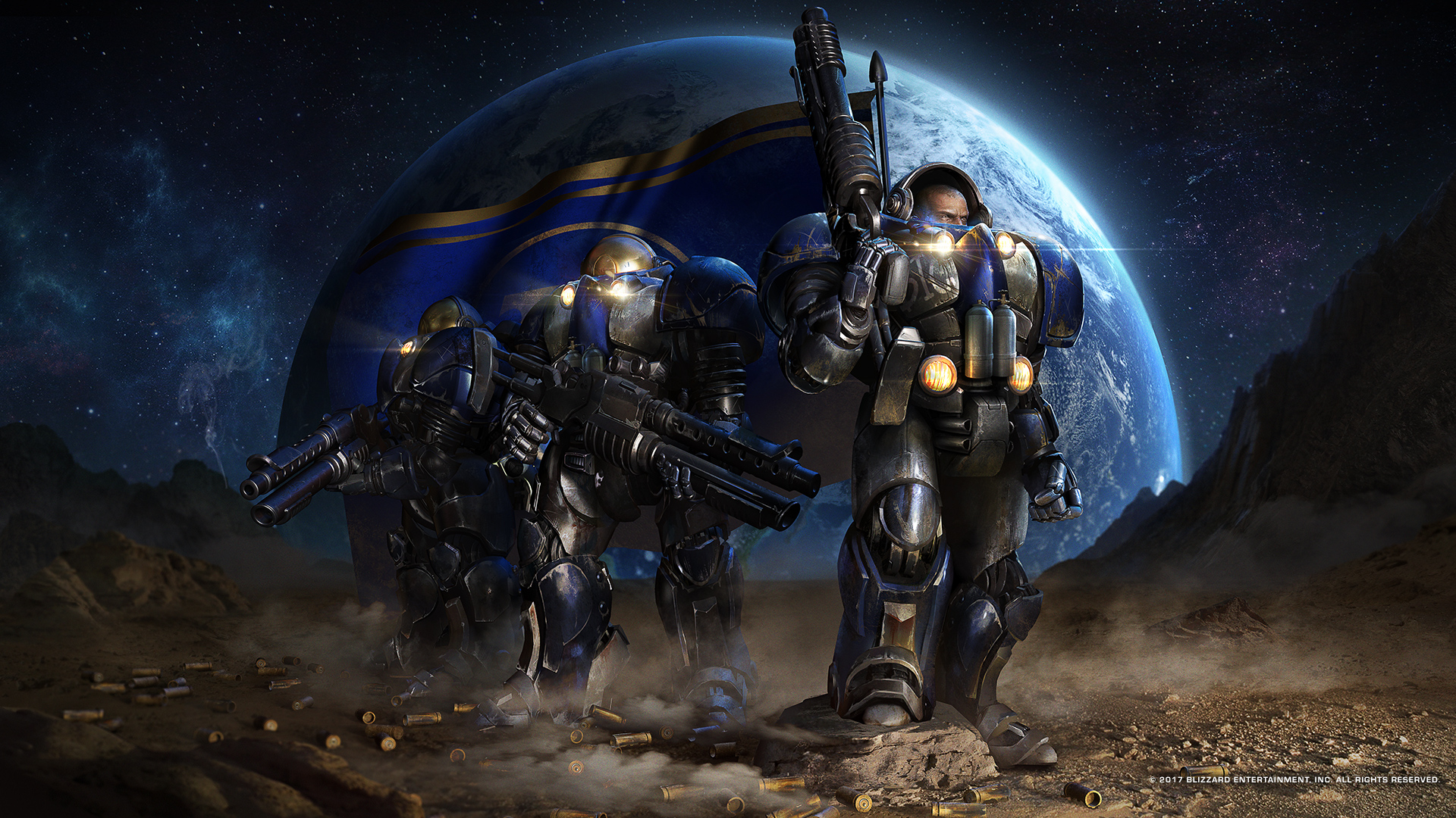 General 1920x1080 StarCraft PC gaming Terrans science fiction weapon soldier armor shaved head planet stars starscape flag ammunition shell casing exosuit futuristic armor power armor Exoskeleton marines spacesuit power suit mechs video games space video game characters