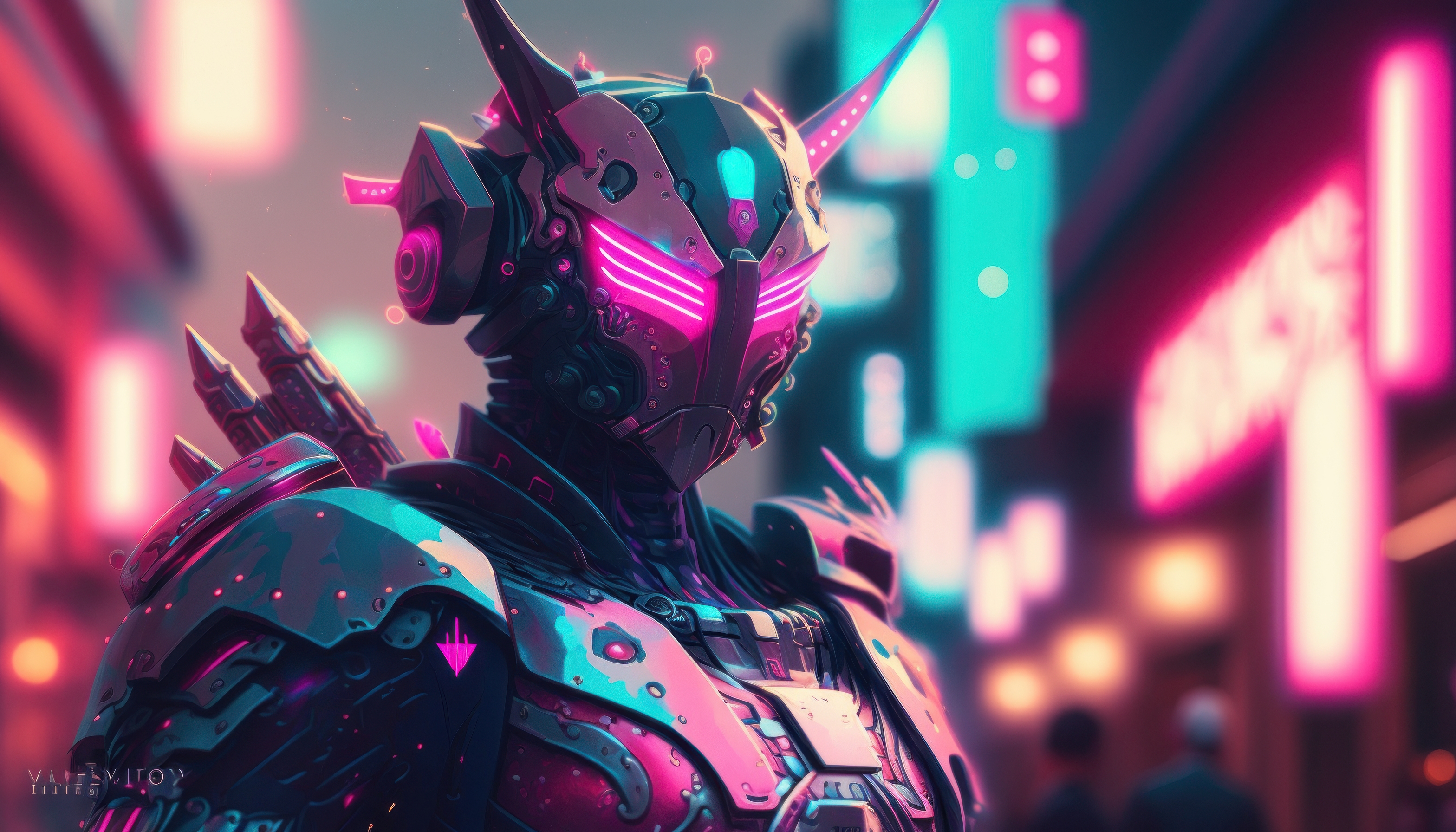 General 3136x1792 AI art cyberpunk Samurai (Cyberpunk 2077) purple futuristic city lights lights