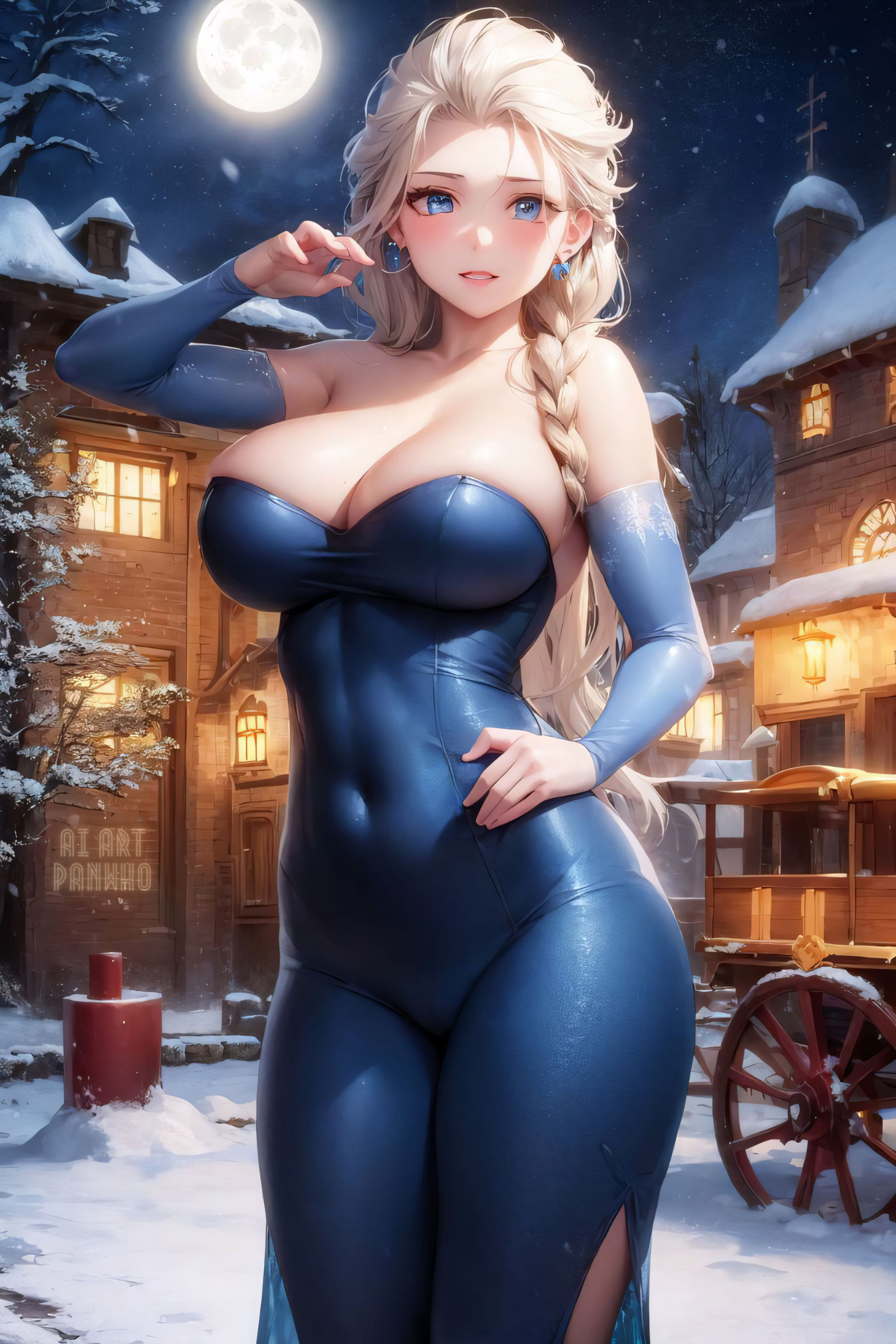 Anime 1280x1920 panwho Elsa Frozen (movie) huge breasts blonde night outdoors cleavage looking at viewer standing hourglass body wide hips blue eyes snow portrait display braids Moon AI art