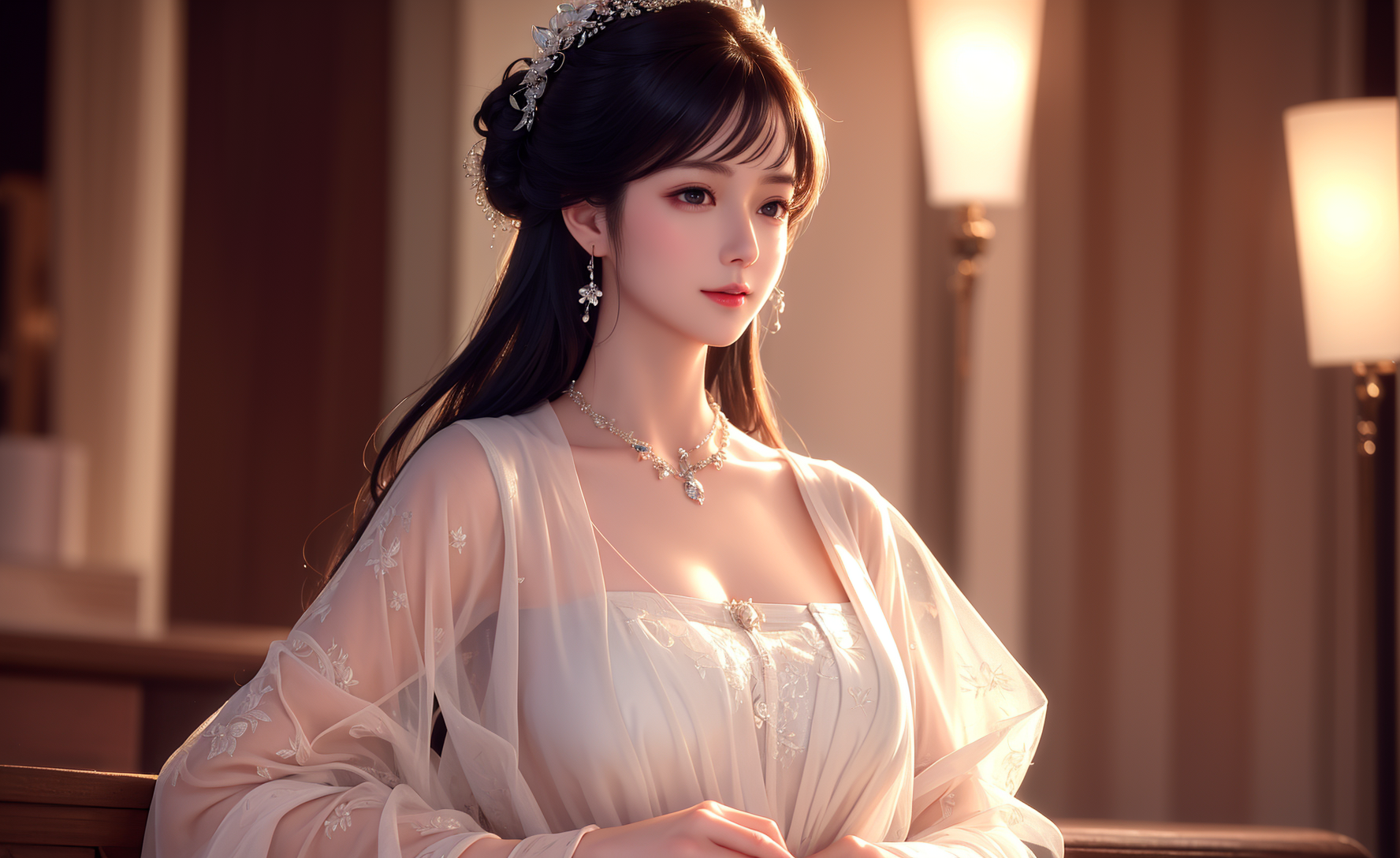Anime 1776x1088 women Asian necklace earring tiaras AI art