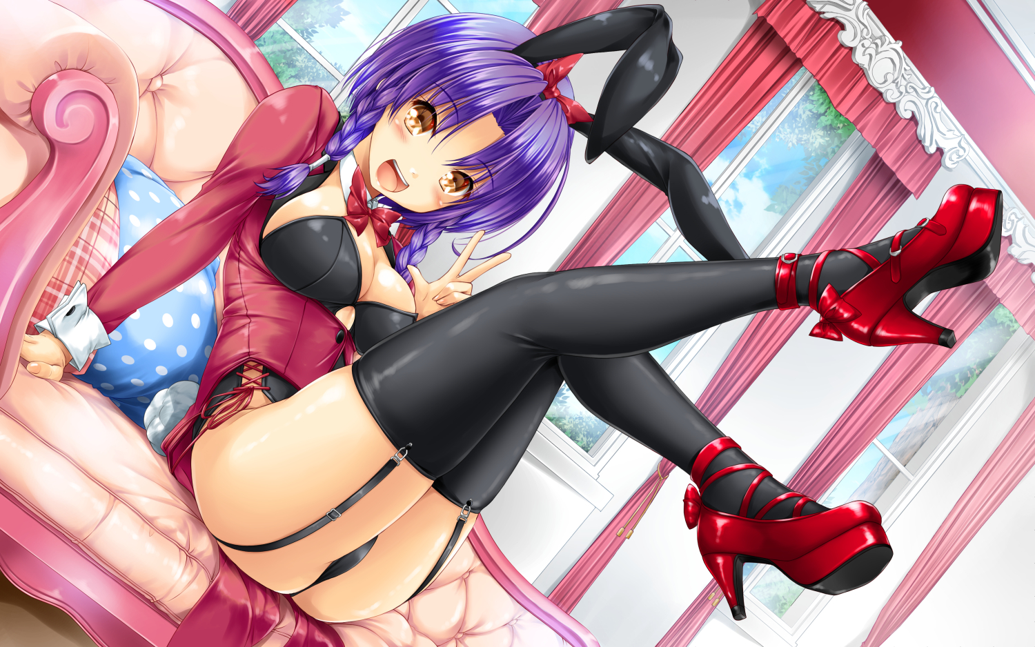 Anime 1500x938 ass bow purple hair brown eyes couch braids long hair black panties black stockings bunny ears high heels anime girls stockings garter straps peace sign bunny suit bunny tail heels big boobs bow tie pillow window blushing curtains Pixiv