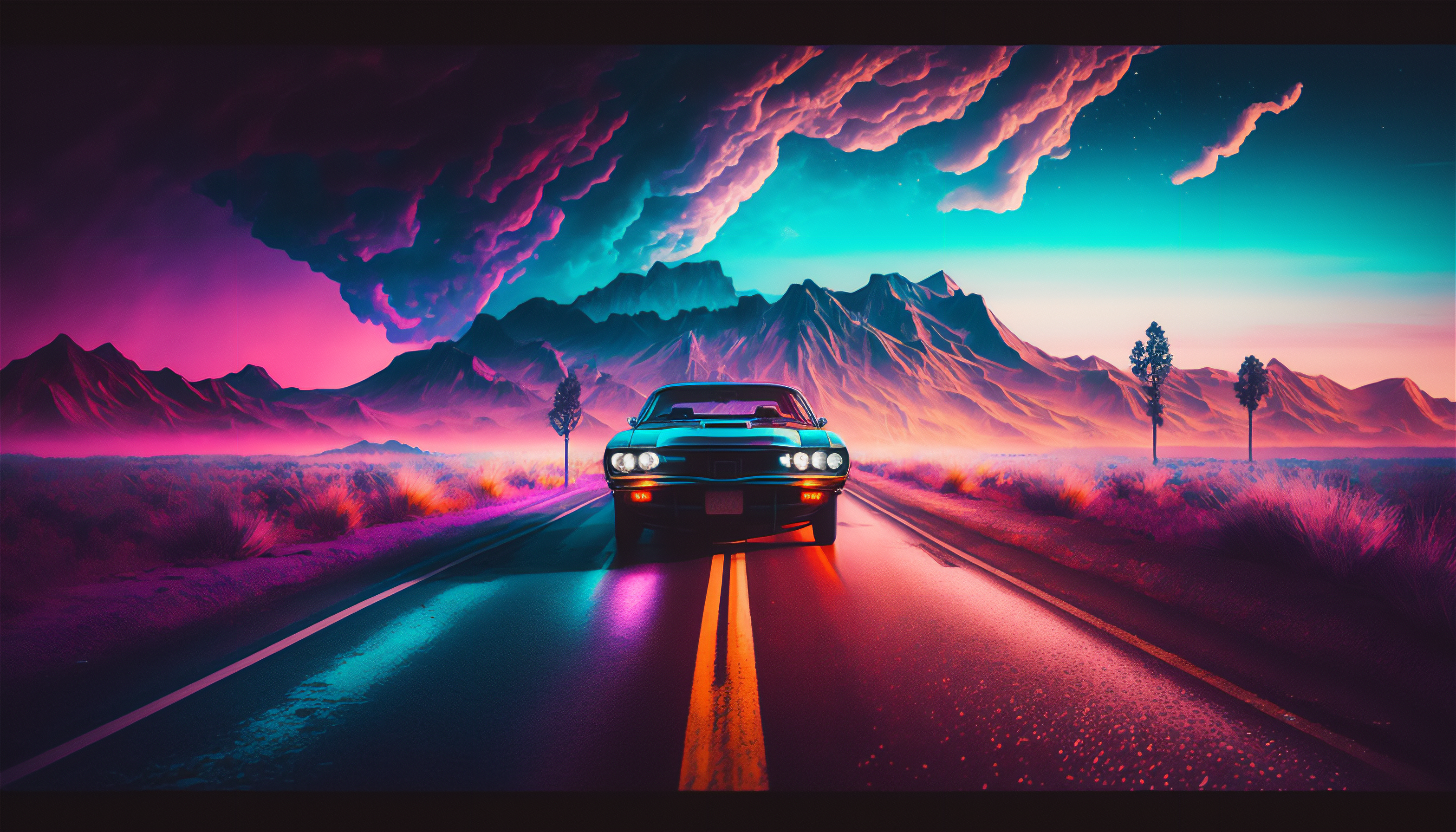 General 3136x1792 AI art car synthwave road clouds colorful illustration mountains