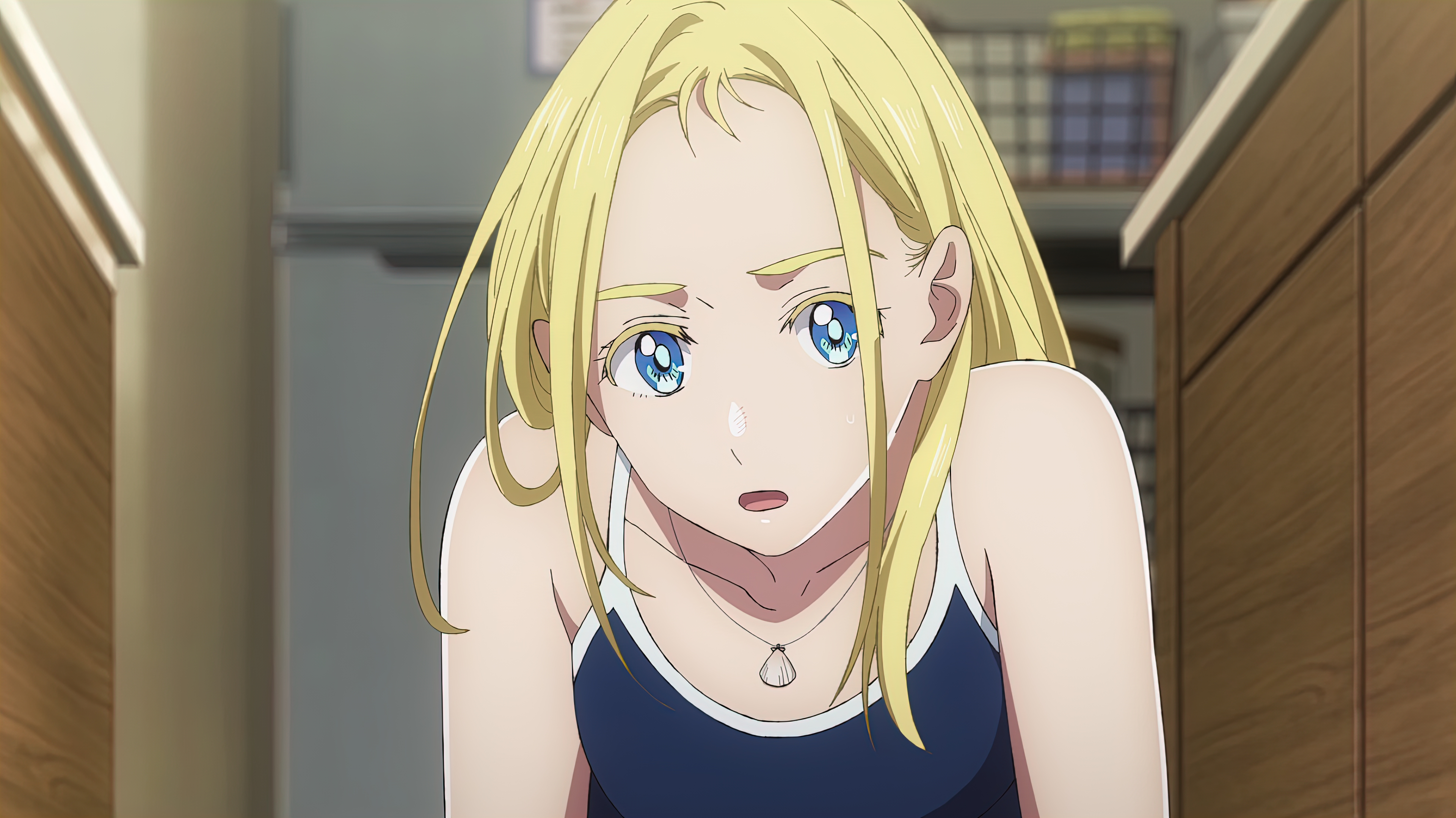 Anime 3840x2160 4K anime blonde Summer Time Rendering blue eyes anime girls anime screenshot necklace looking at viewer long hair collarbone open mouth one-piece swimsuit
