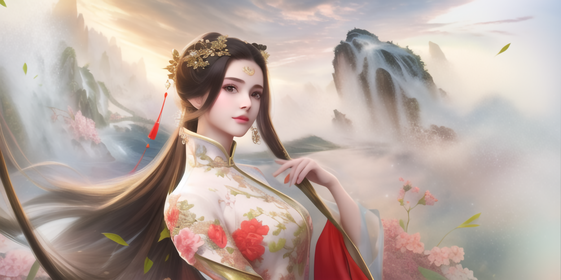 General 1920x960 ChinaGuFeng Asian women looking at viewer flowers Chinese dress long hair leaves AI art