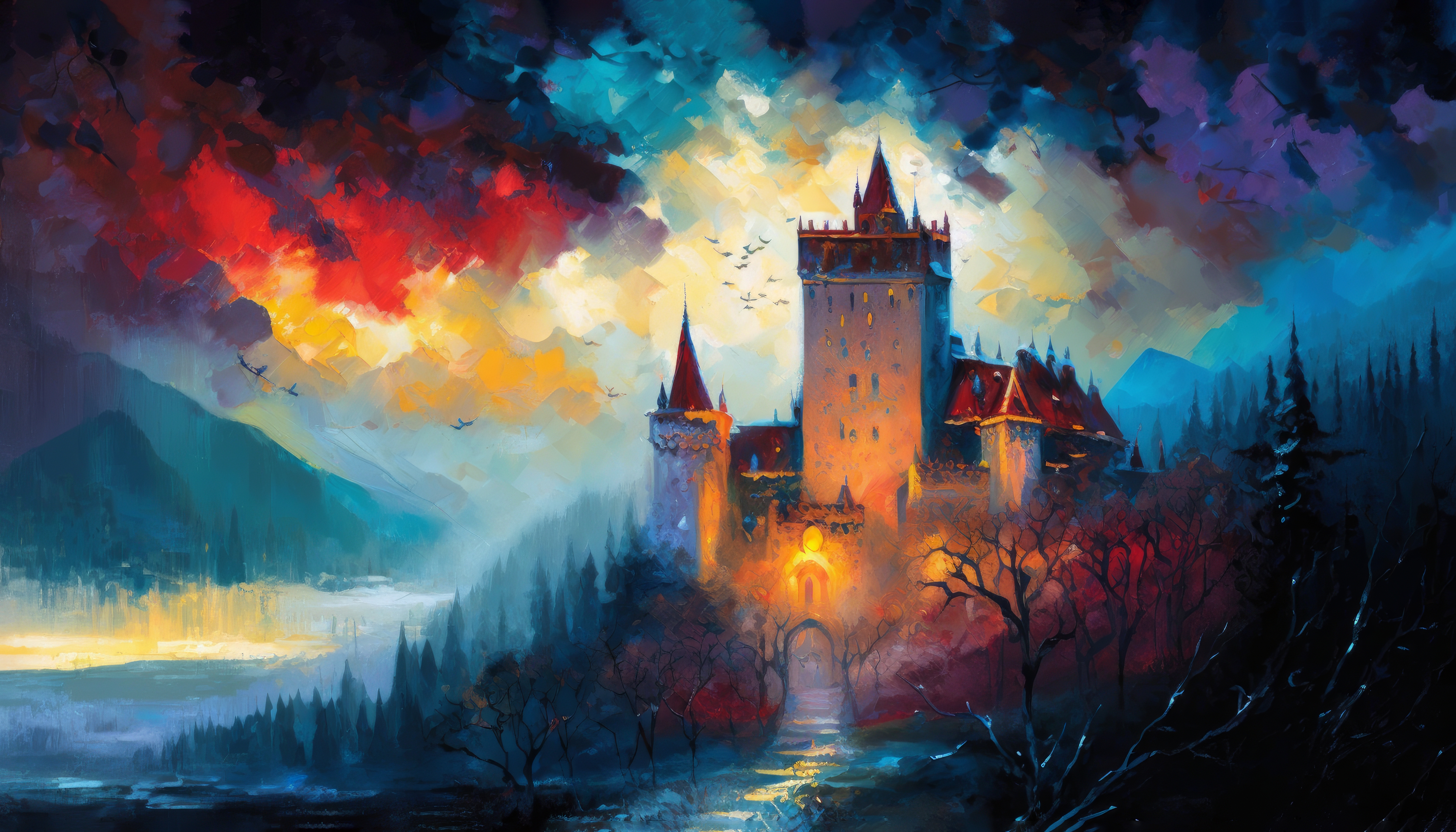 General 4579x2616 AI art oil painting castle clouds forest mountains trees digital art