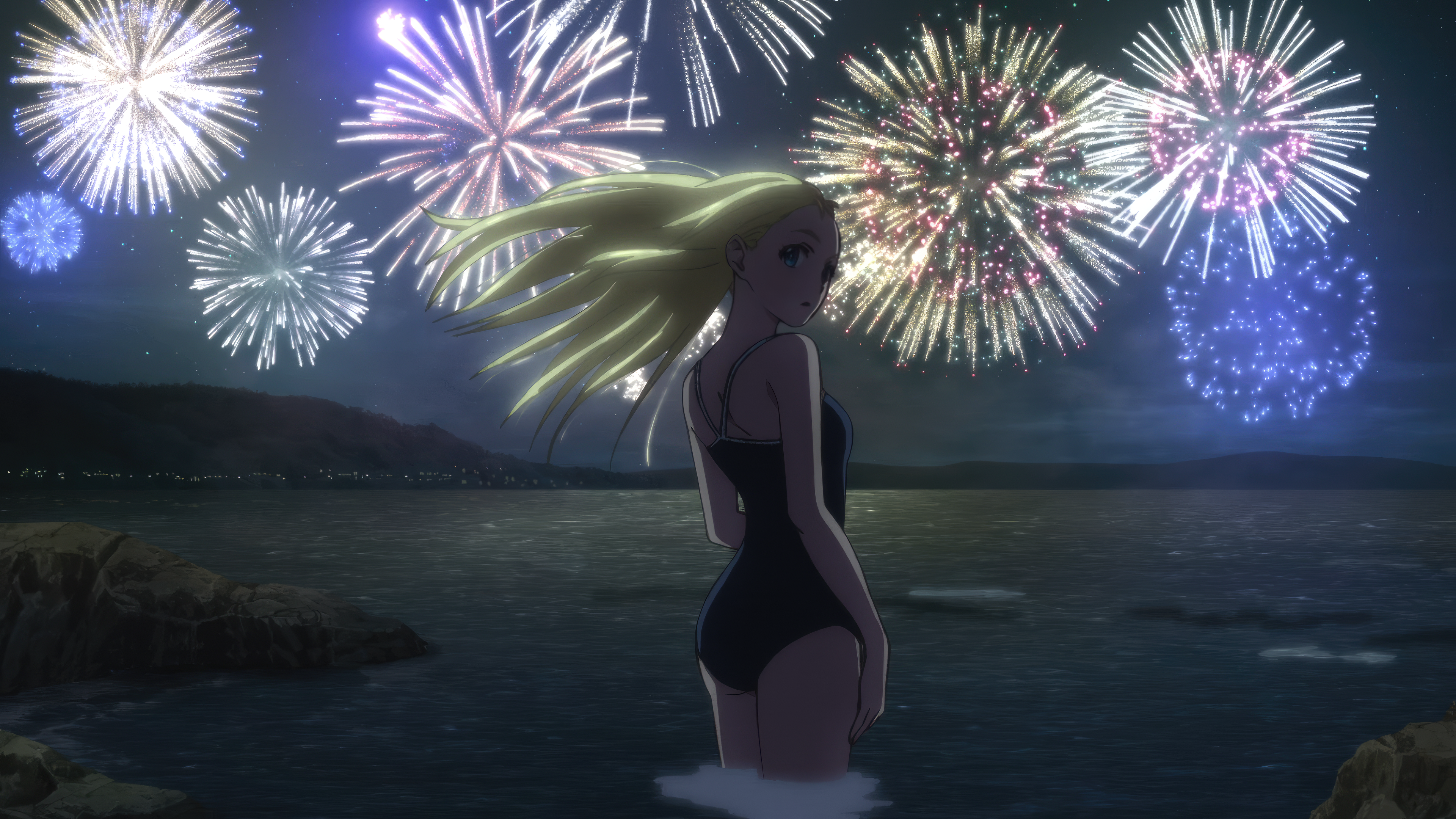 Anime 3840x2160 Summer Time Rendering anime 4K Anime screenshot swimwear water standing in water anime girls looking back night fireworks Ushio Kofune