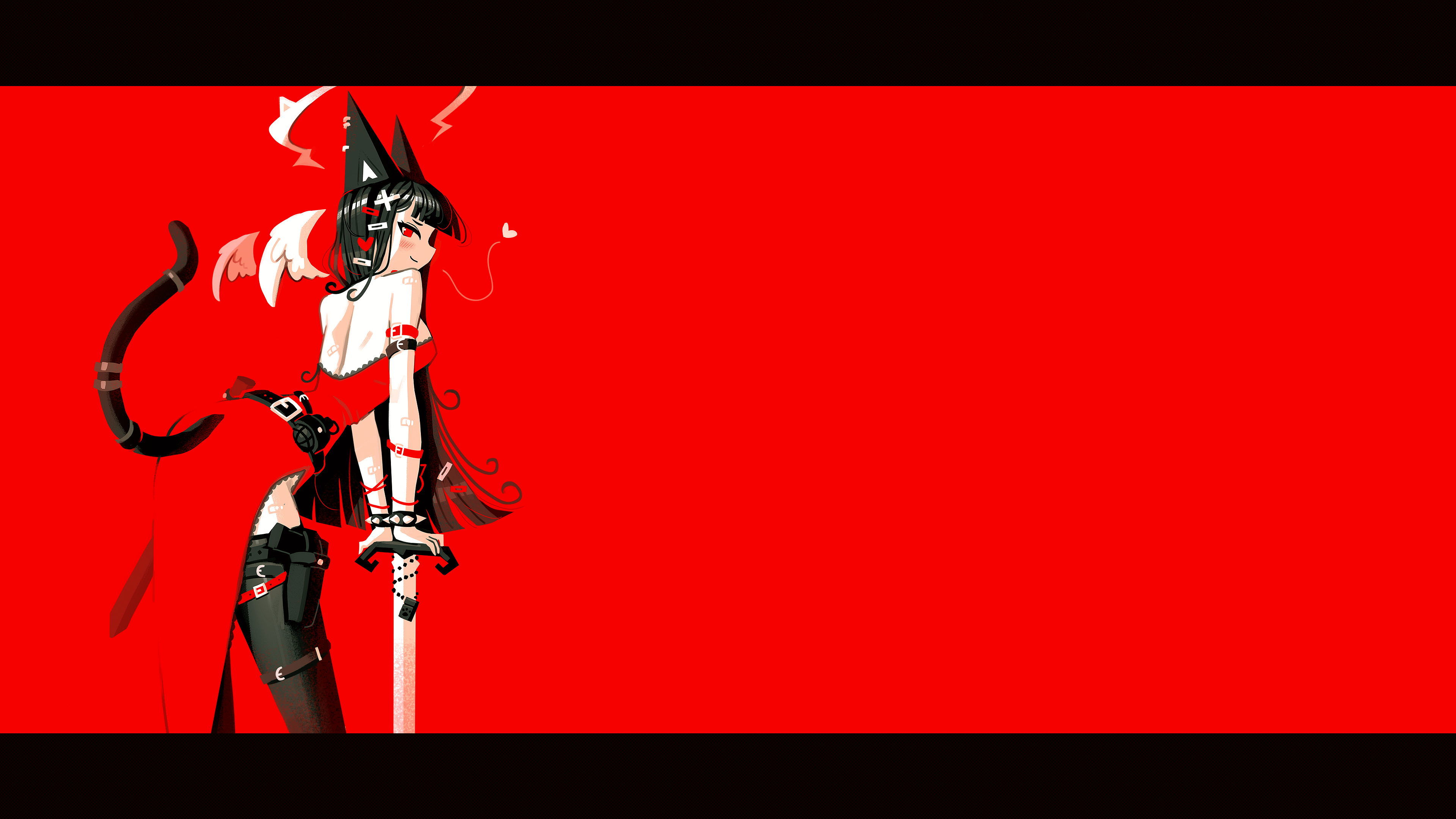 Anime 3840x2160 anime girls cat girl cat ears cat tail tail sword weapon gun dress red dress angel wings red eyes hair ornament hair clip belt backless dress band-aid back bare shoulders spikes bracelets long hair black hair dark hair grenades heart (design) blushing looking back looking at viewer bangs red background skinny rings simple background blunt bangs Andaerz looking over shoulder smiling black thigh highs thigh-highs arched back original characters