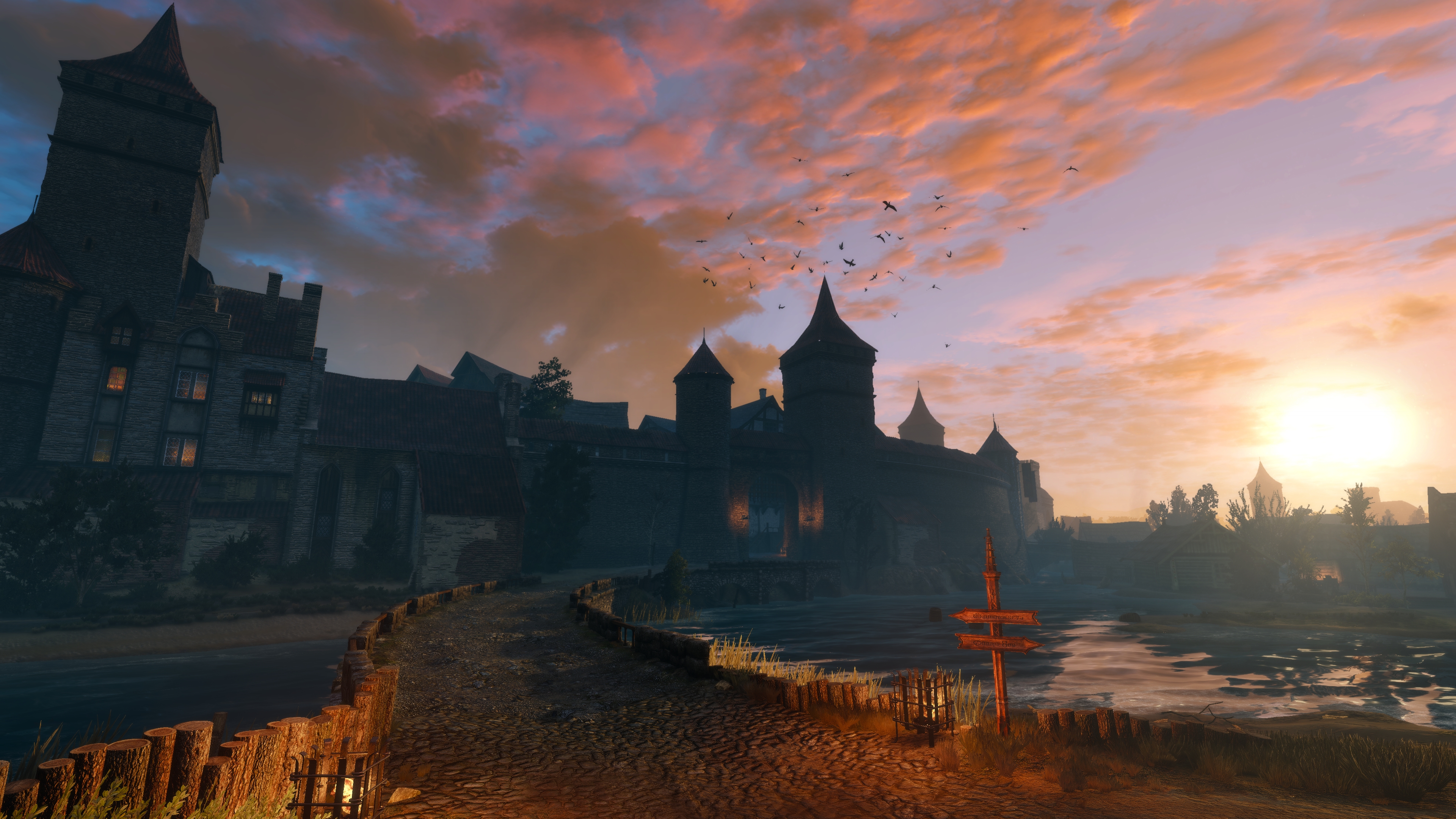 General 3840x2160 The Witcher 3: Wild Hunt screen shot PC gaming Novigrad video game art video games clouds sunlight building reflection water birds flying CGI animals sunset glow sunset path signs sky