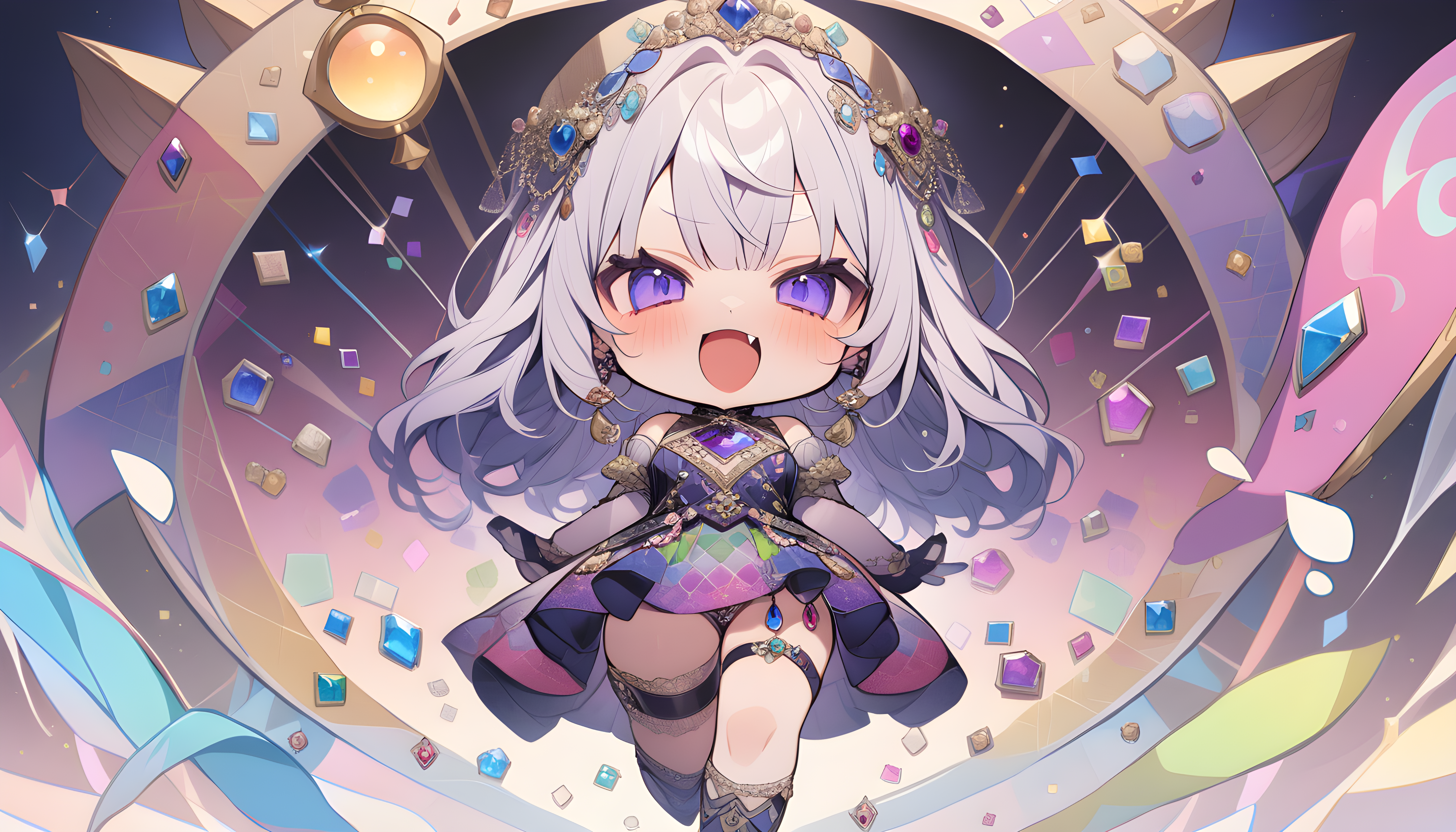 Anime 5376x3072 AI art Stable Diffusion looking at viewer chibi diamonds colorful anime girls open mouth long hair bare shoulders anime purple eyes walking gemstones hair ornament dress