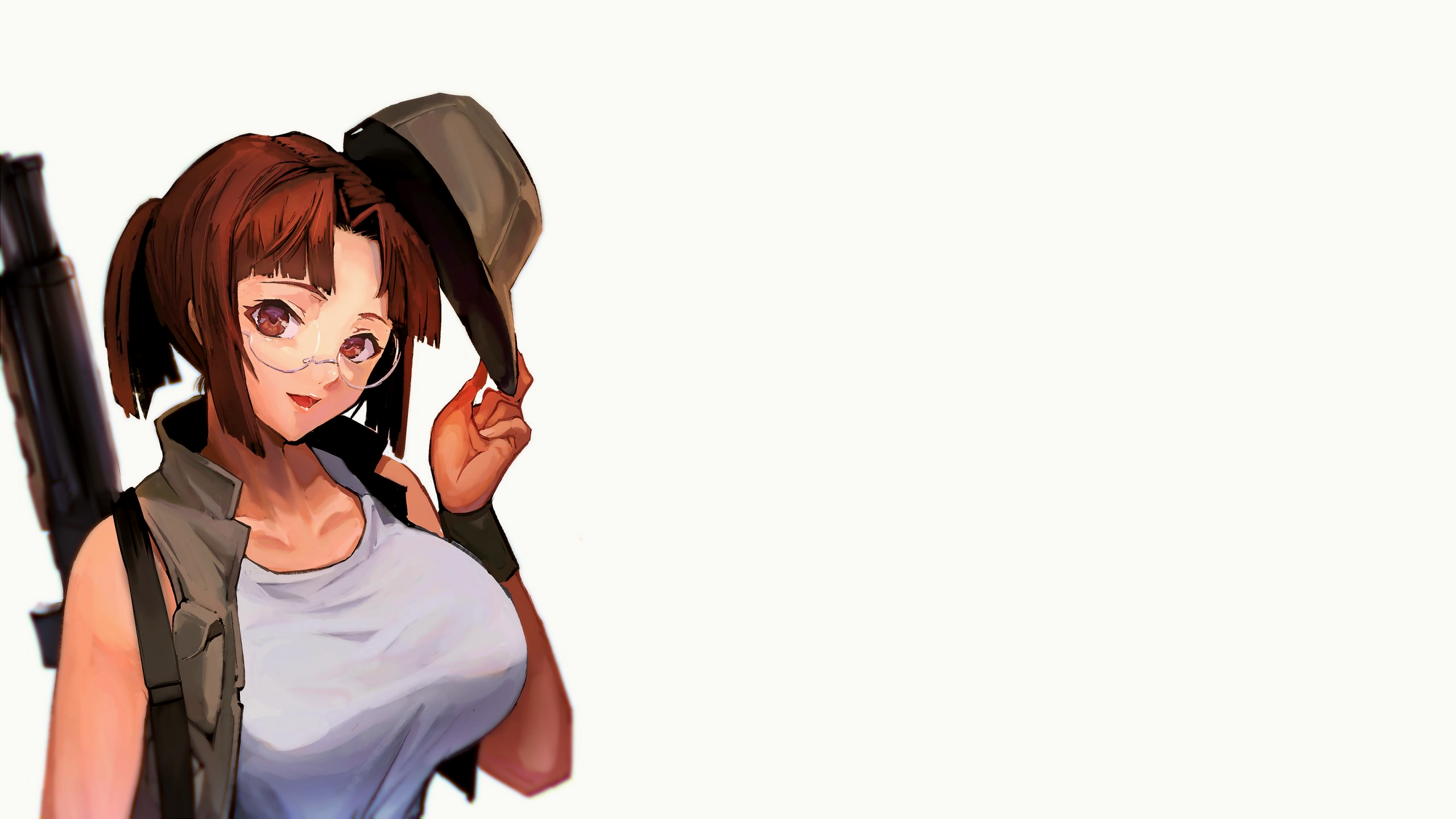 General 2560x1440 video games video game girls boobs big boobs sidelocks bangs white background simple background hat glasses women with glasses brown eyes white shirt jacket weapon gun military red lipstick looking at viewer armlet armband ponytail tank top white tank top SNK Metal Slug Fio Germi girls with guns brunette long hair women with hats short hair