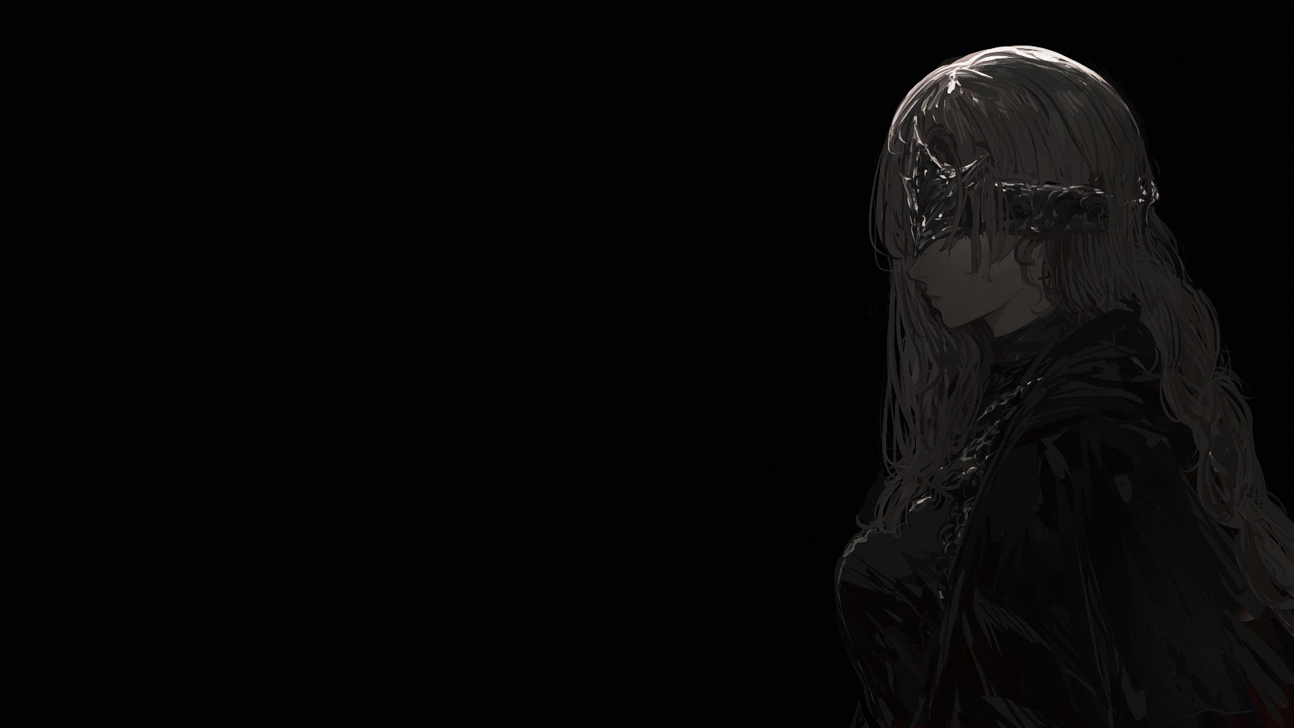General 2560x1440 John Kafka Dark Souls III Fire Keeper side view low light closed mouth black background black video game characters video game girls long hair