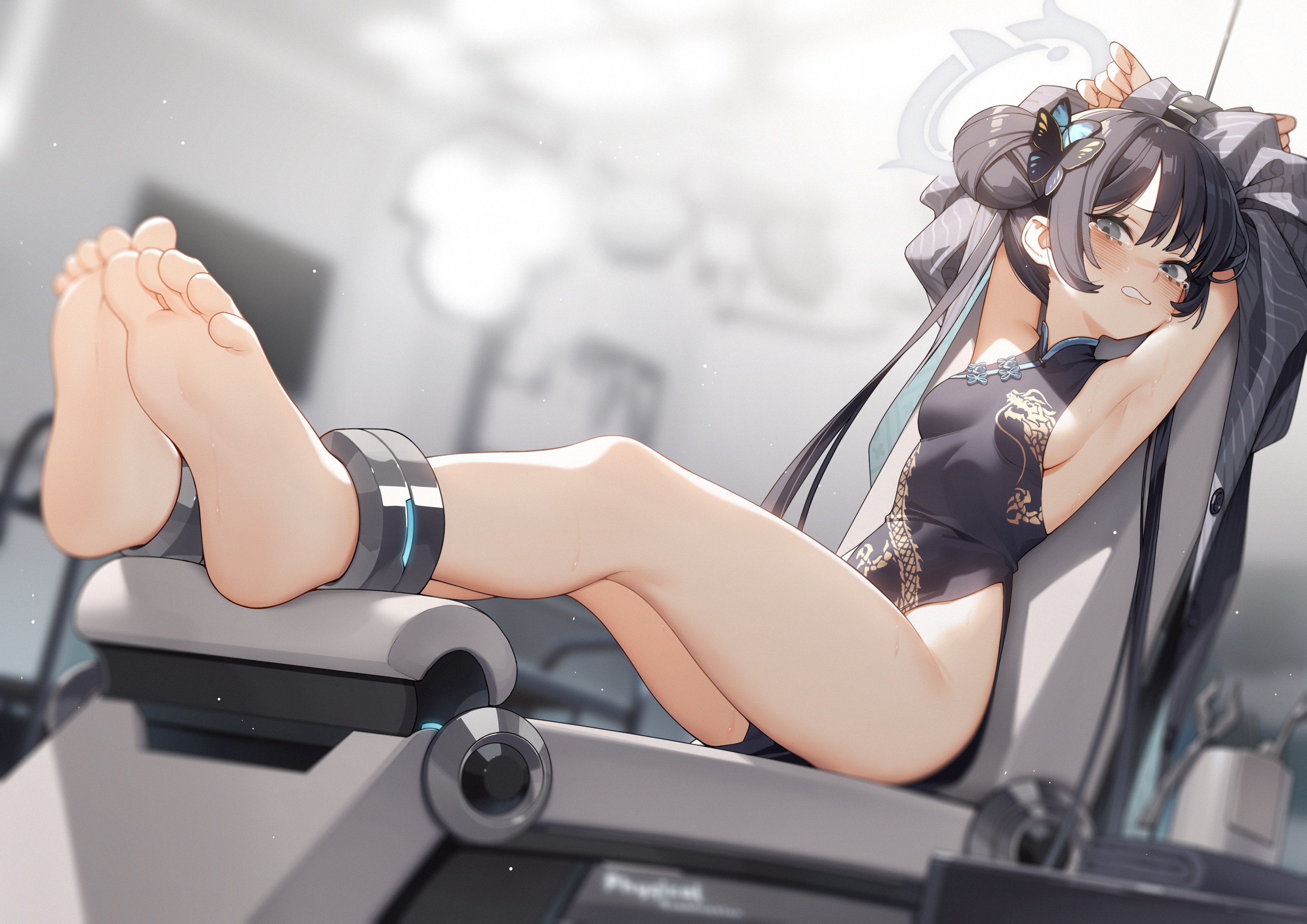 Anime 3507x2480 Ryuuge Kisaki (Blue Archive) Chinese dress barefoot no bra gray hair short hair twintails BDSM Blue Archive feet foot sole toes sitting hips armpits sideboob arms up anime girls parted lips twin buns hair ornament anime blurry background
