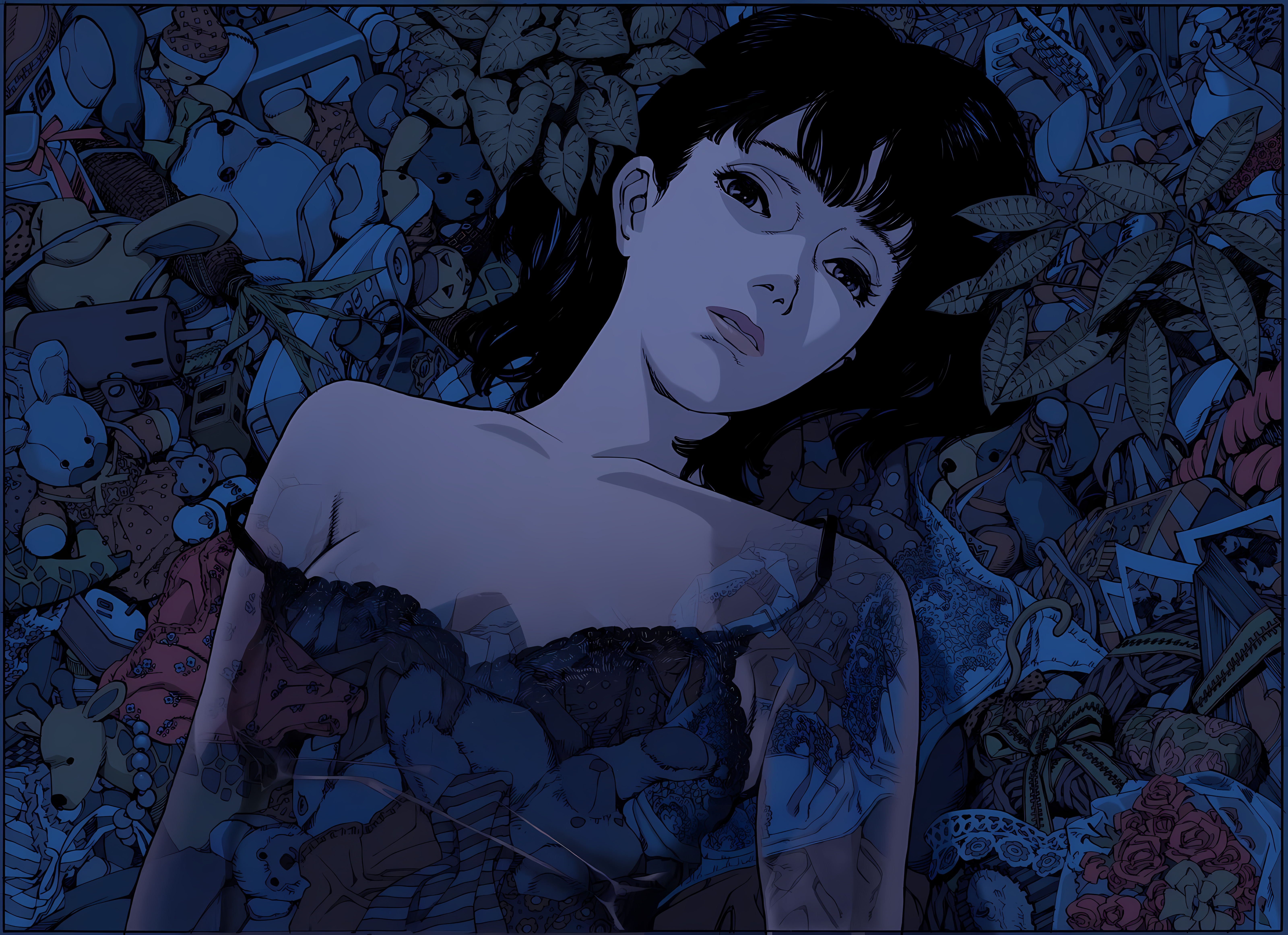 Anime 6400x4648 Perfect Blue anime girls black hair face toys leaves AI art dress strap falling off shoulder looking at viewer short hair lying down lying on back collarbone parted lips