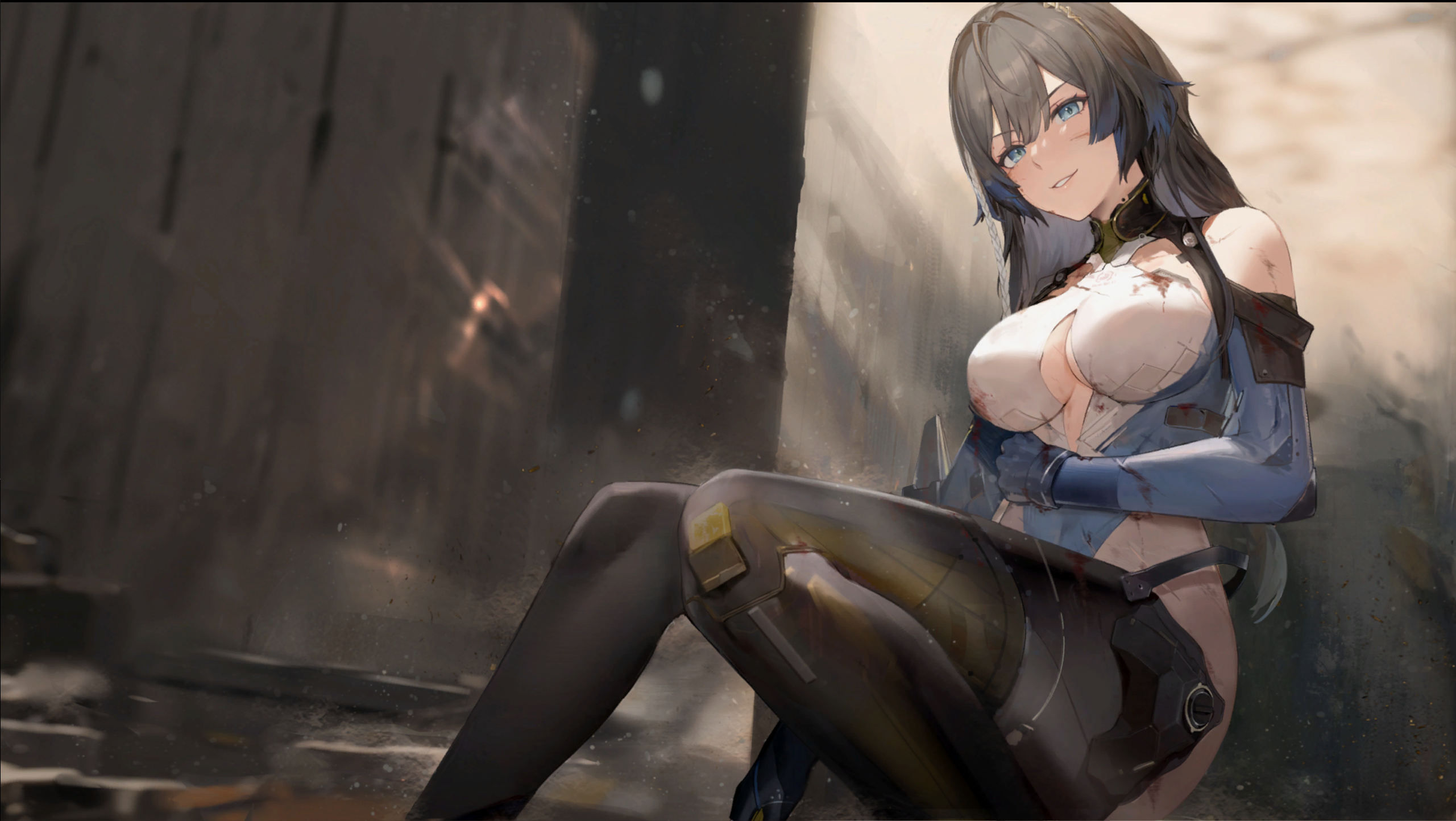 Anime 2561x1444 Snowbreak: Containment Zone anime girls anime bare shoulders long hair parted lips blue eyes torn clothes big boobs blurred blurry background sunlight bent legs sitting looking at viewer dark hair women outdoors outdoors video game girls video games