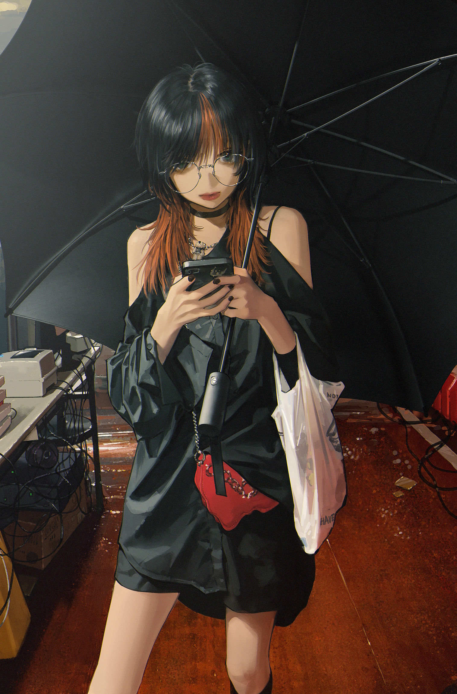 Anime 1516x2300 Wang Xi anime girls portrait display umbrella original characters bag standing looking at viewer two tone hair phone holding phone jewelry glasses women with glasses bare shoulders long hair clothing cutout plastic closed mouth choker black nails painted nails skinny blue eyes