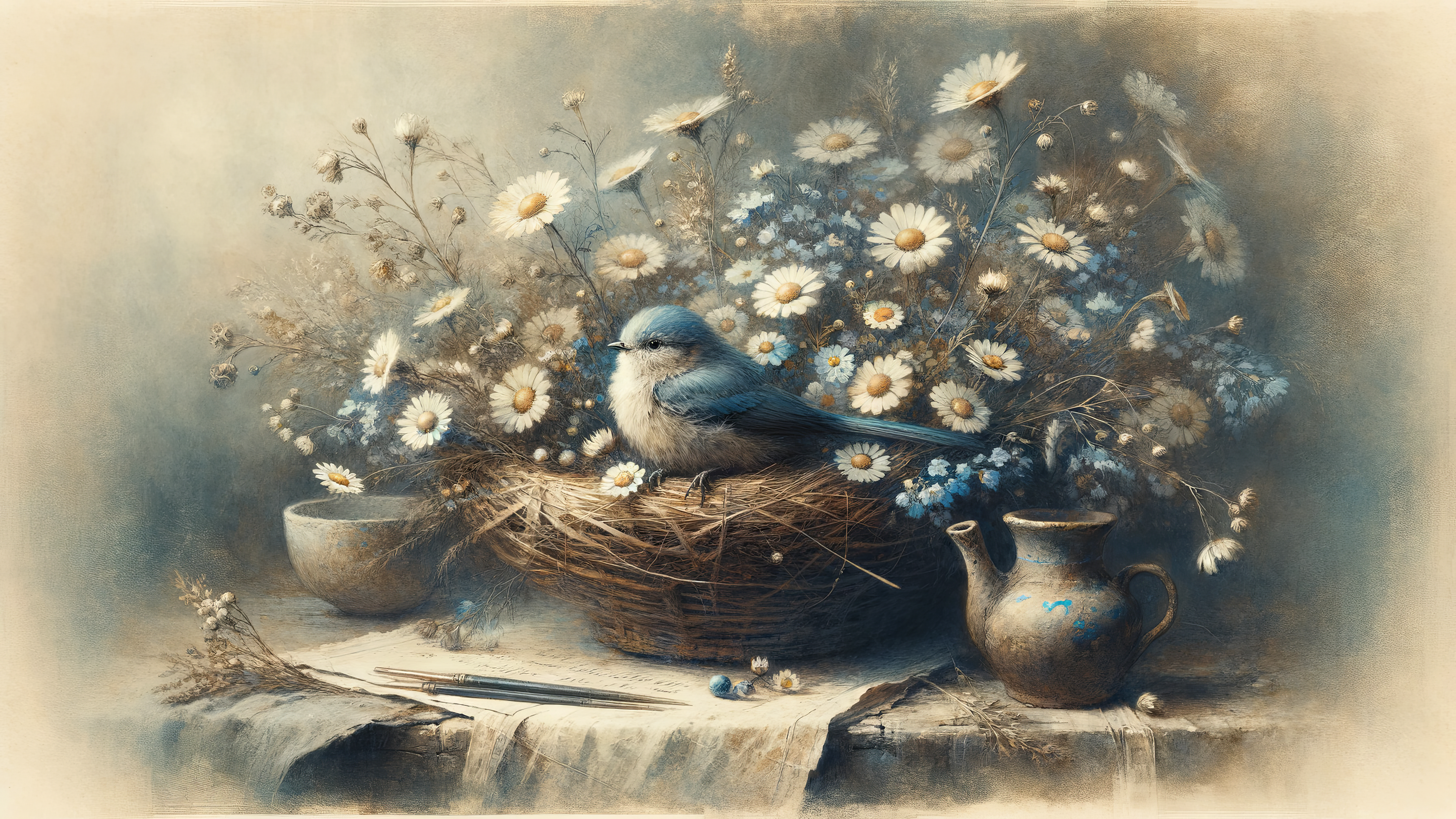 General 3840x2160 AI art birds flowers spring simple background animals bowls beak nests fur still life
