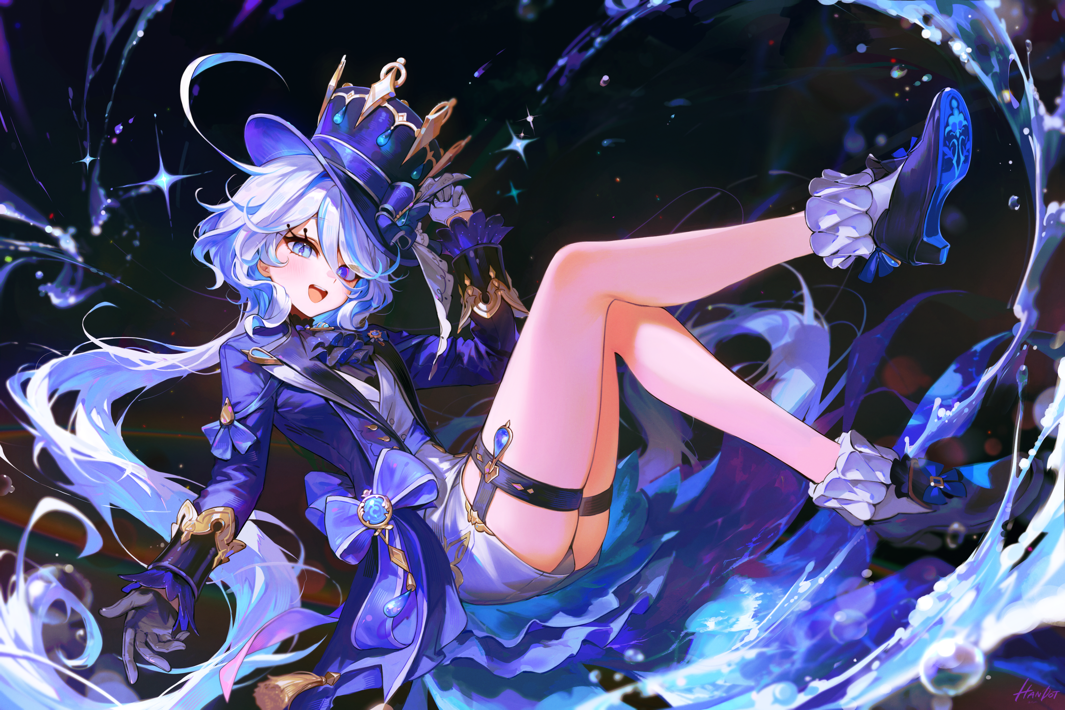 Anime 3500x2333 Genshin Impact Furina (Genshin Impact) fan Service short pants hat white hair long hair magician looking at viewer blushing legs up open mouth shoe sole crew socks two tone hair blue hair heterochromia blue eyes mismatched gloves gloves skindentation gemstones smiling top hat heels legs uniform long sleeves sparkles anime girls water drops signature water ascot socks white socks
